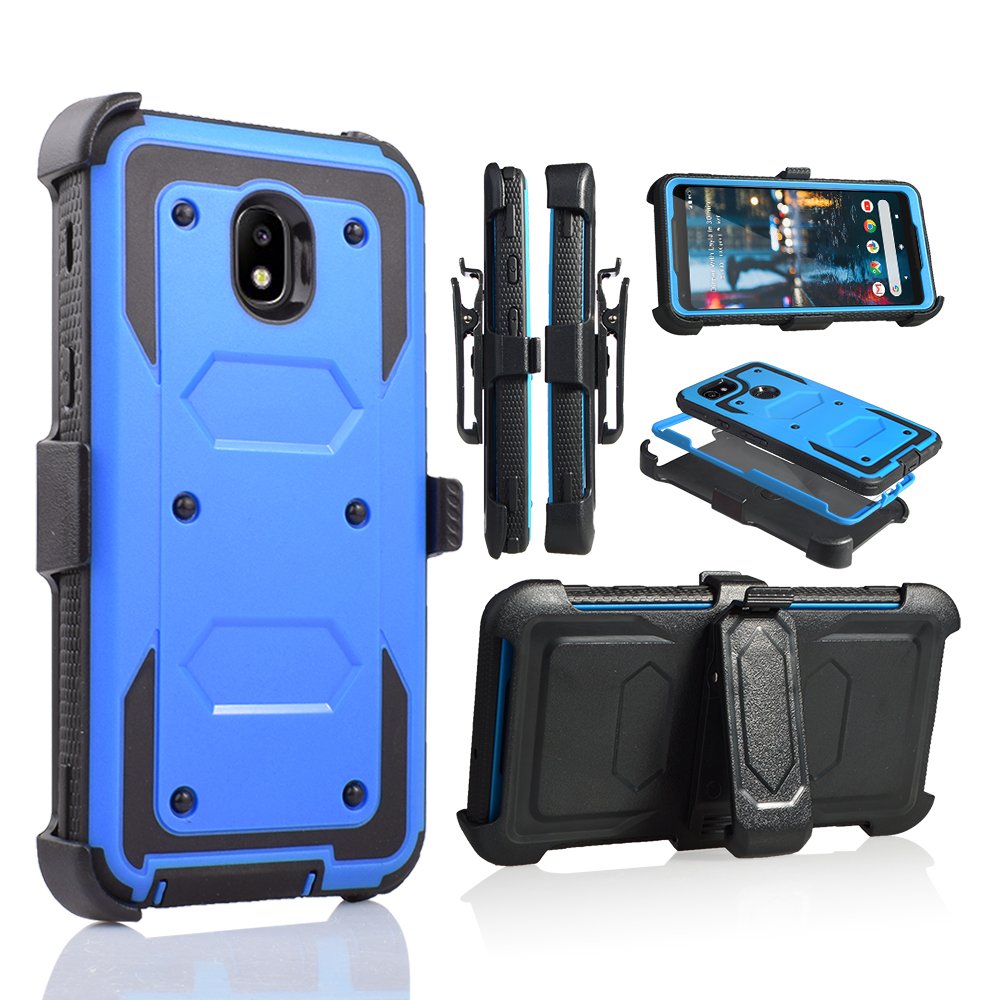 Samsung J3 (2018) Phone Case with Built-in Screen Protector, 360° Full-Body Protection, Kickstand & Holster Clip - Shockproof Armor Cover with Grip Sides (Blue) - Perfect for Daily Use, Outdoor Activities & Work