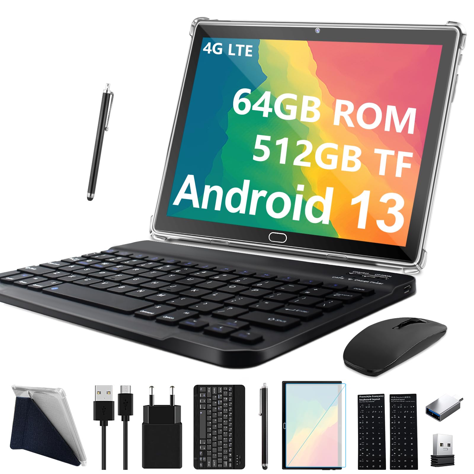 2025 Latest 10 Inch Android 13 Tablet with 4G LTE, 3-in-1 Bundle (Keyboard + Mouse + Stylus), 64GB ROM + 512GB Expandable Storage, Octa-Core Processor, 1080P FHD Display, 13MP Camera, 6000mAh Battery - Perfect for Work, Study, and Entertainment On-The-Go