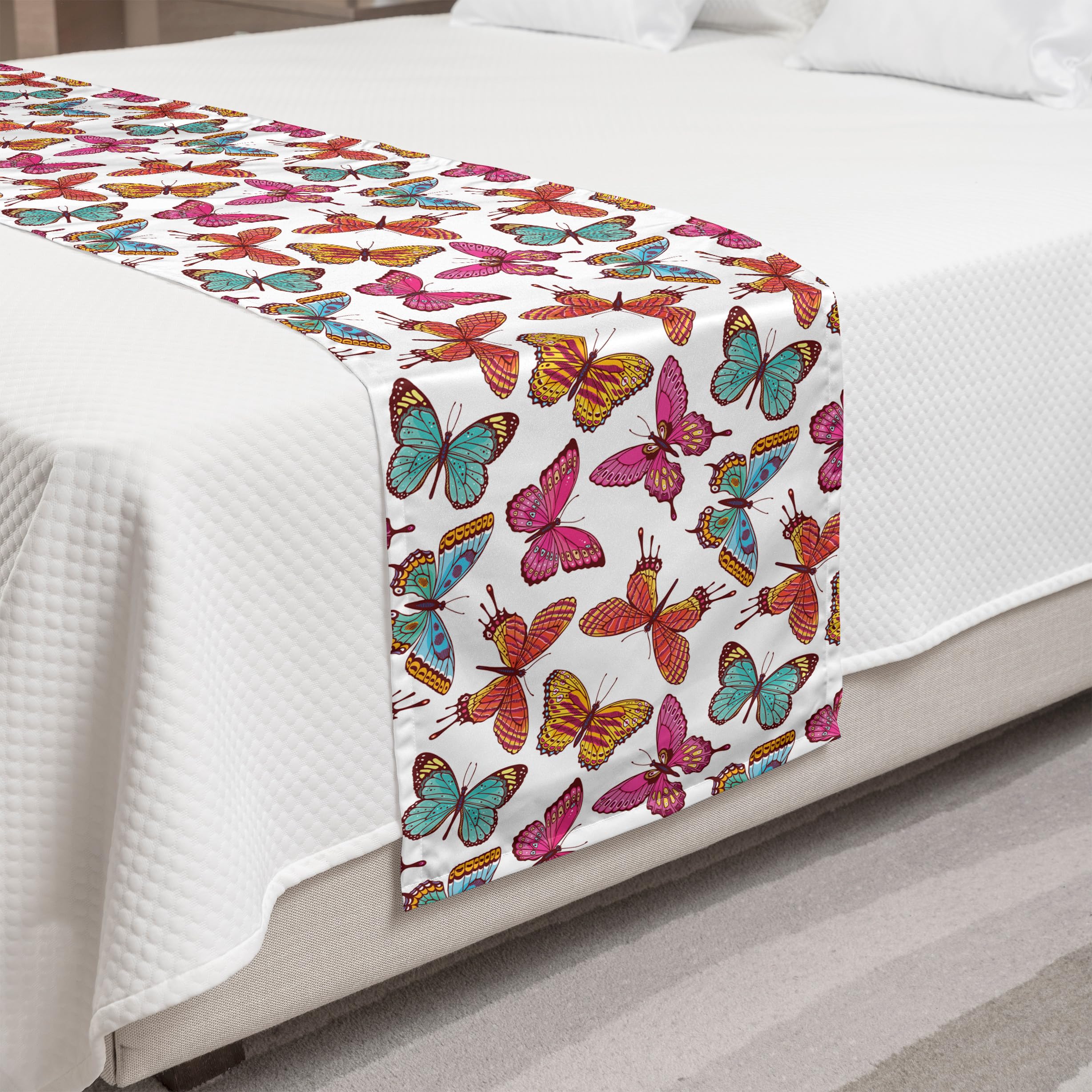 Ambesonne Butterflies Bed Runner - Colorful Flying Wings Summer Design, Decorative Bed Scarf for Queen Size Beds | Perfect for Home, Hotel, and Guest Room Decor | Adds Elegance to Bedroom and Living Spaces