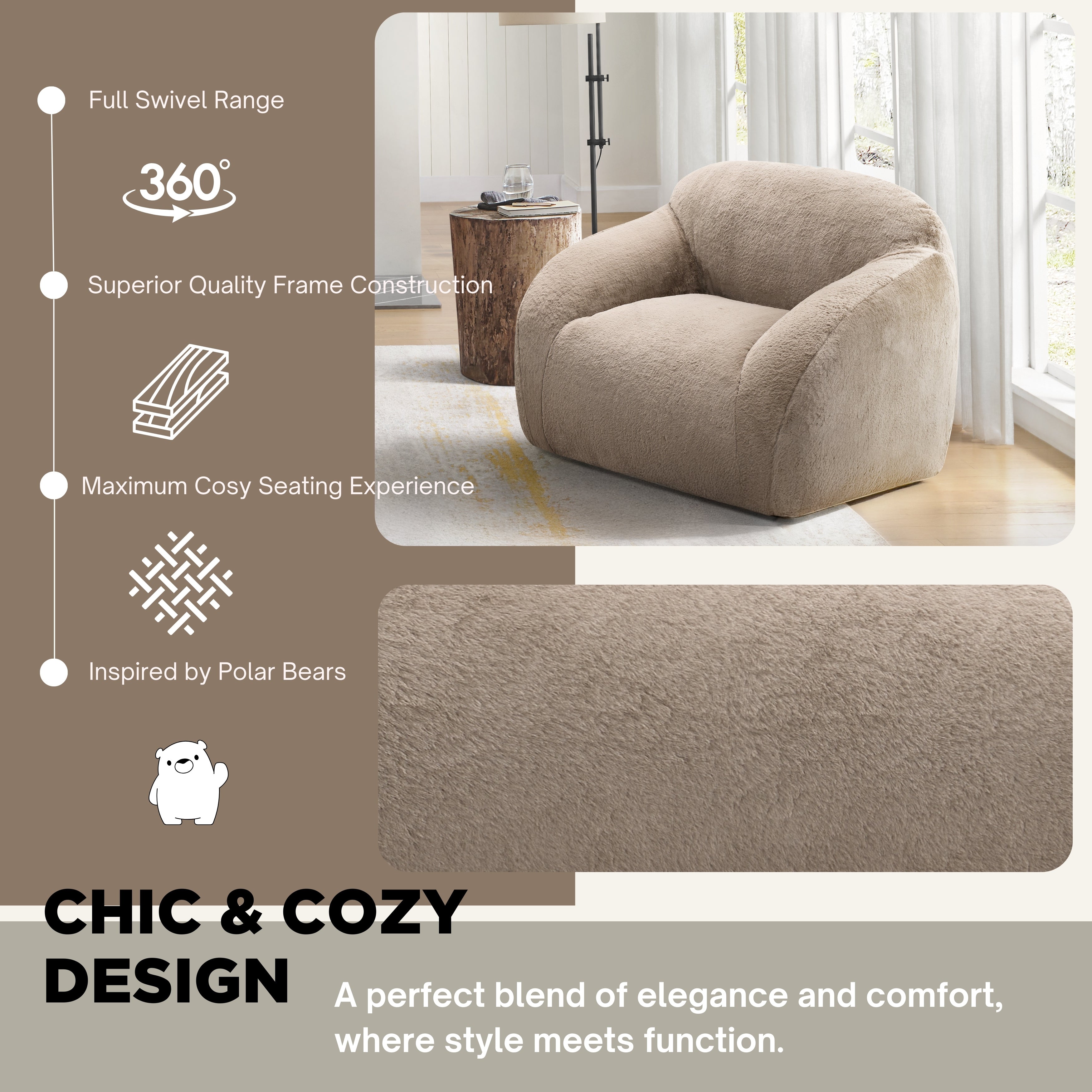Adell Polar Bear Faux Fur Swivel Cuddle Chair - Roundhill Furniture - Cozy Rotating Accent Chair for Living Room, Bedroom & Nursery - Perfect for Relaxing, Reading & Lounging