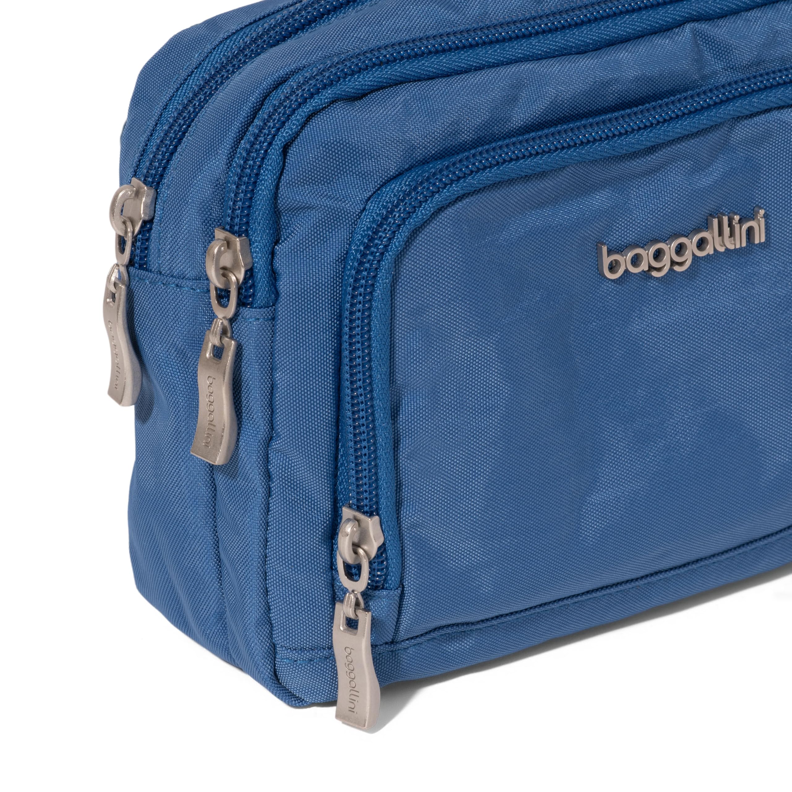 Baggallini RFID Blocking Triple Zip Crossbody Bag for Women - 8x6 Inch Convertible Fanny Pack, Waist Bag & Shoulder Purse - Water Resistant Travel Essentials for Shopping, Commuting & Outdoor Adventures