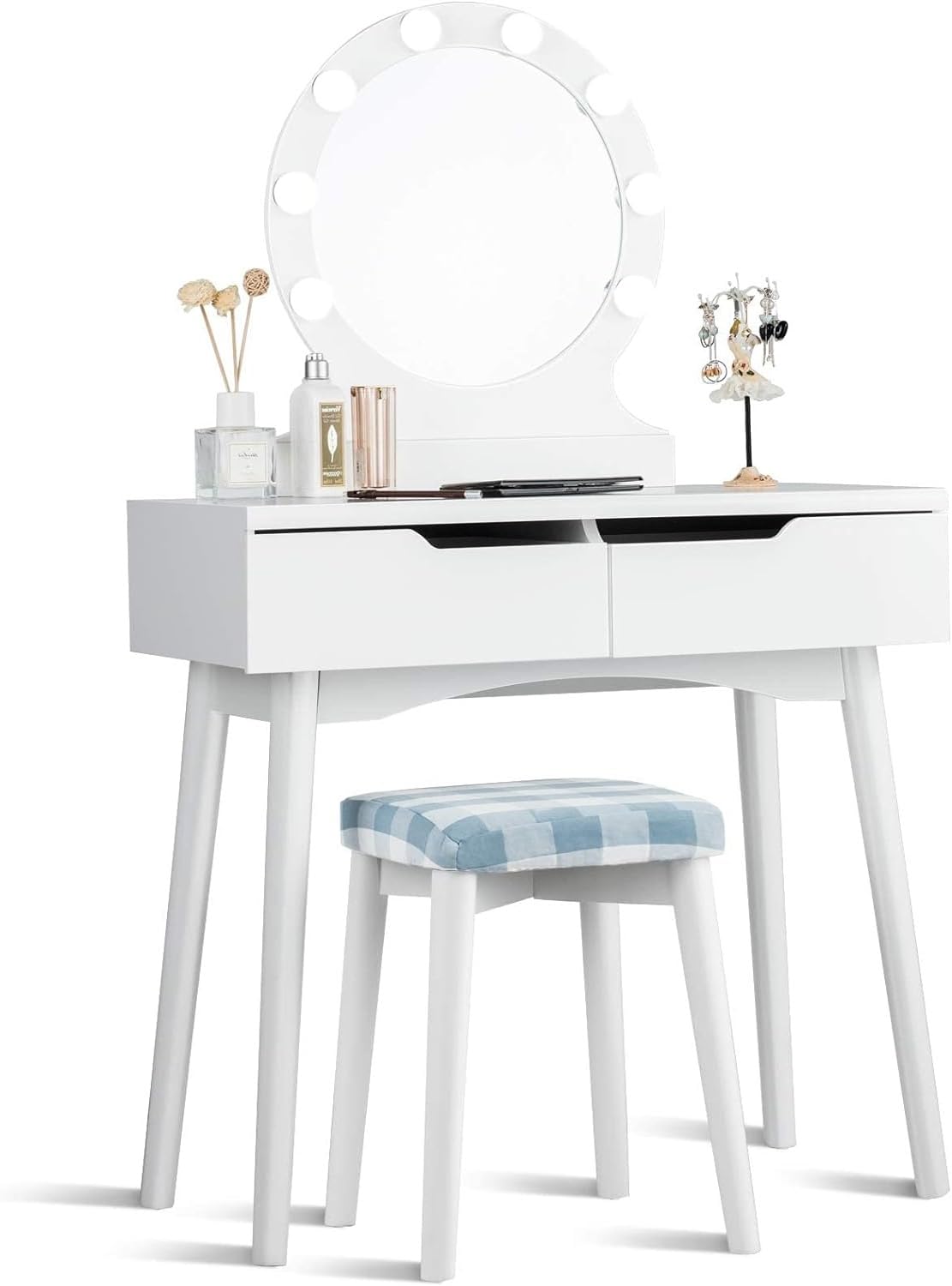 Byroce Vanity Table Set with Round LED Lighted Mirror, Makeup Dressing Table with 8 Adjustable Bulbs & Touch Switch, White Bedroom Makeup Desk for Girls, Includes Cushioned Stool & 2 Spacious Drawers - Perfect for Home Beauty Salon & Bedroom Decor