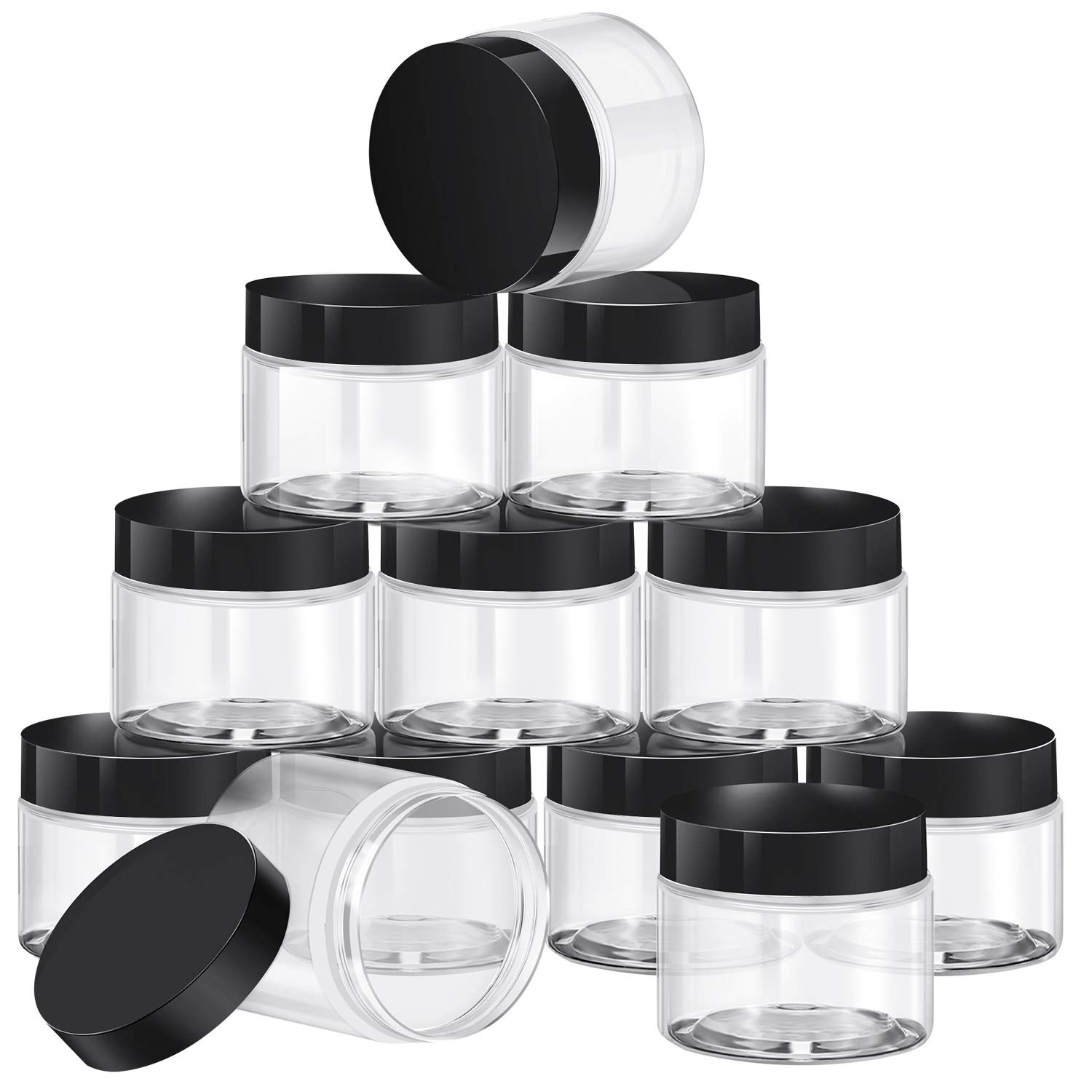 12 Pack 2 oz Black Round Clear Plastic Storage Jars with Lids - Airtight Cosmetic Containers for Travel Toiletries, Lotion, Cream, Ointments, Makeup, Rhinestones & Samples - Perfect for Home, Kitchen & DIY Organization