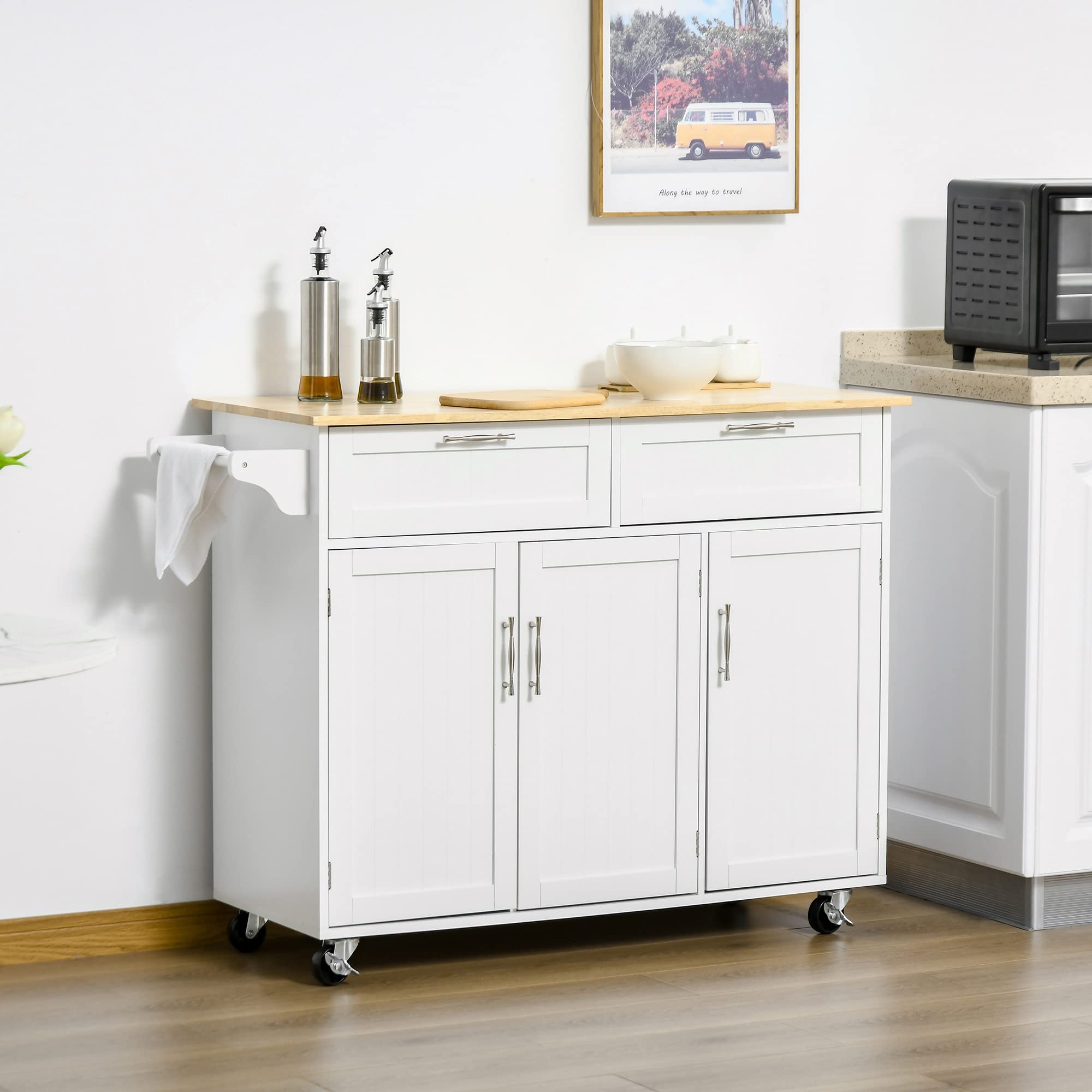 HOMCOM White Mobile Kitchen Island with Storage, Wood Top Kitchen Cart, 3-Door Cabinets, Adjustable Shelves & Towel Rack for Small Spaces, Apartments & Compact Kitchens