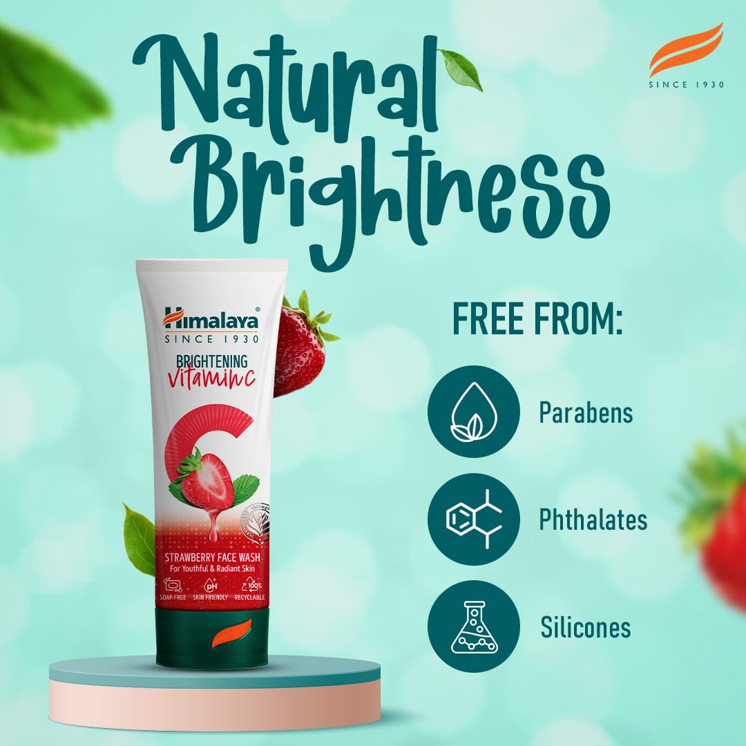 Himalaya Brightening Vitamin C Strawberry Face Wash - Brightening Cleanser for Glowing Skin | Remove Dullness & Dark Spots | 50ml Travel Size | Perfect for Morning Routine & Pre-Makeup Cleansing
