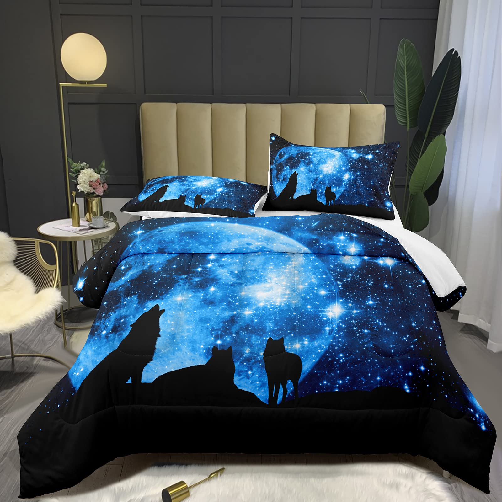 Bodhi Starry Sky Moon Wolf Comforter Set Full Size for Boys & Men - 3D Printed Wild Animal Wolf Bedding Set with Matching Pillowcases (1 Comforter + 2 Shams) #4004 - Perfect for Teen Bedrooms, Dorm Rooms & Wolf Theme Decor