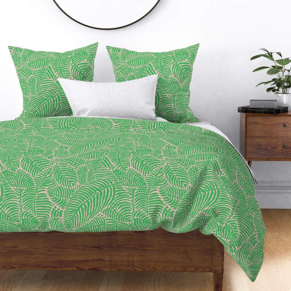 Custom Palm Beach Green Pink Retro Tropical Vintage Blossom Cotton Sateen Duvet Cover Full/Queen Size - Soft Luxury Bedding for Coastal & Boho Bedroom Decor