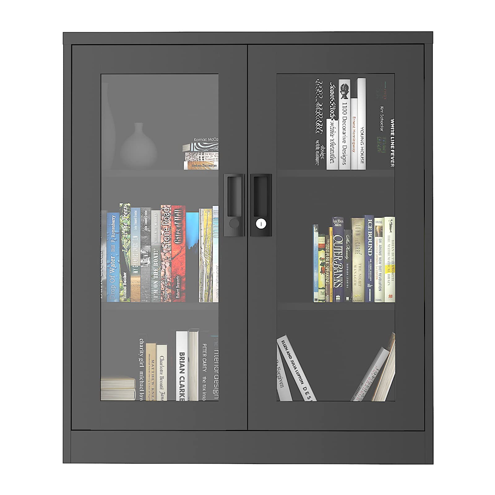 ARYSIEER Black Metal Storage Cabinet with Double Glass Doors - 2 Compartments & Lock for Home, Office, Kitchen, Bathroom Organization | Filing Cabinet for Documents & Supplies
