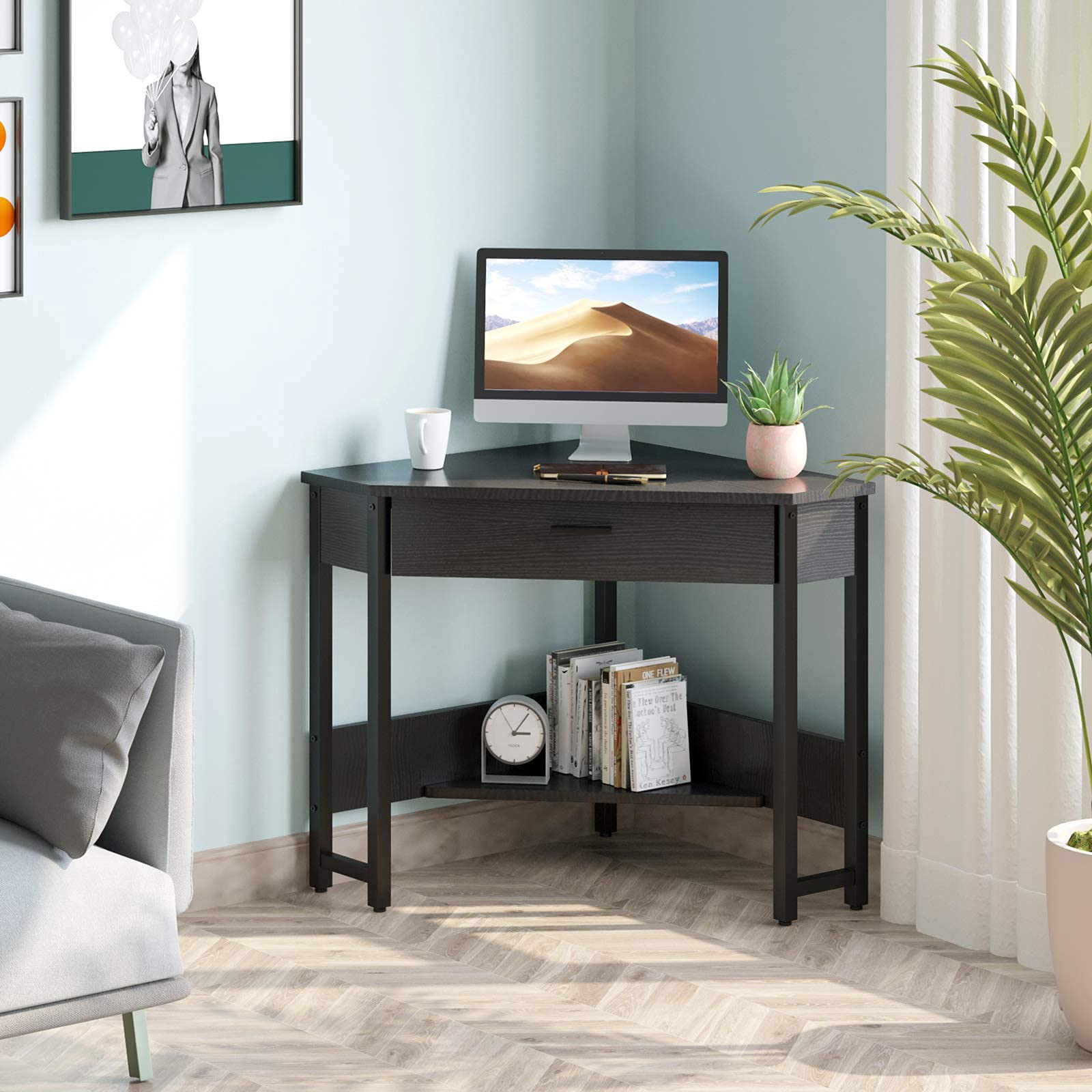 ODK Corner Desk - Triangle Computer Desk with Large Drawer & Storage Shelves, Small Space Writing Workstation for Home Office, Gaming Setup & Dorm Room