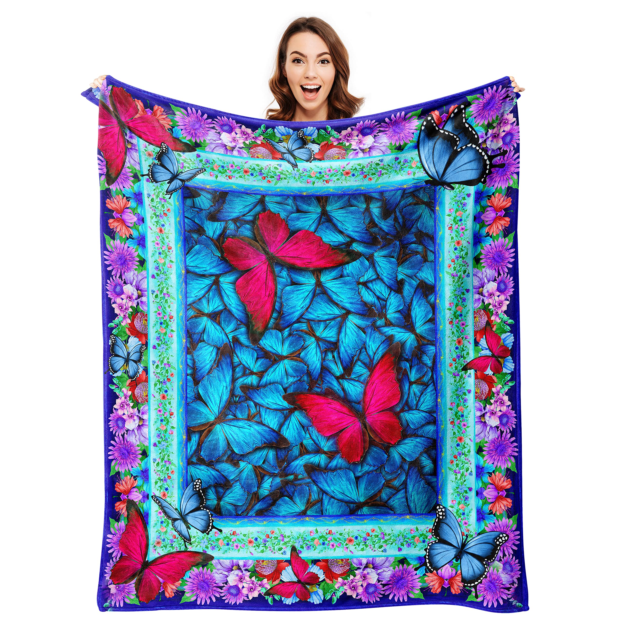 Blue Butterfly Throw Blanket - Soft & Warm 50x60 Inch Floral Blanket for Women & Girls - Perfect for Bed, Couch, Sofa, and Outdoor Picnics