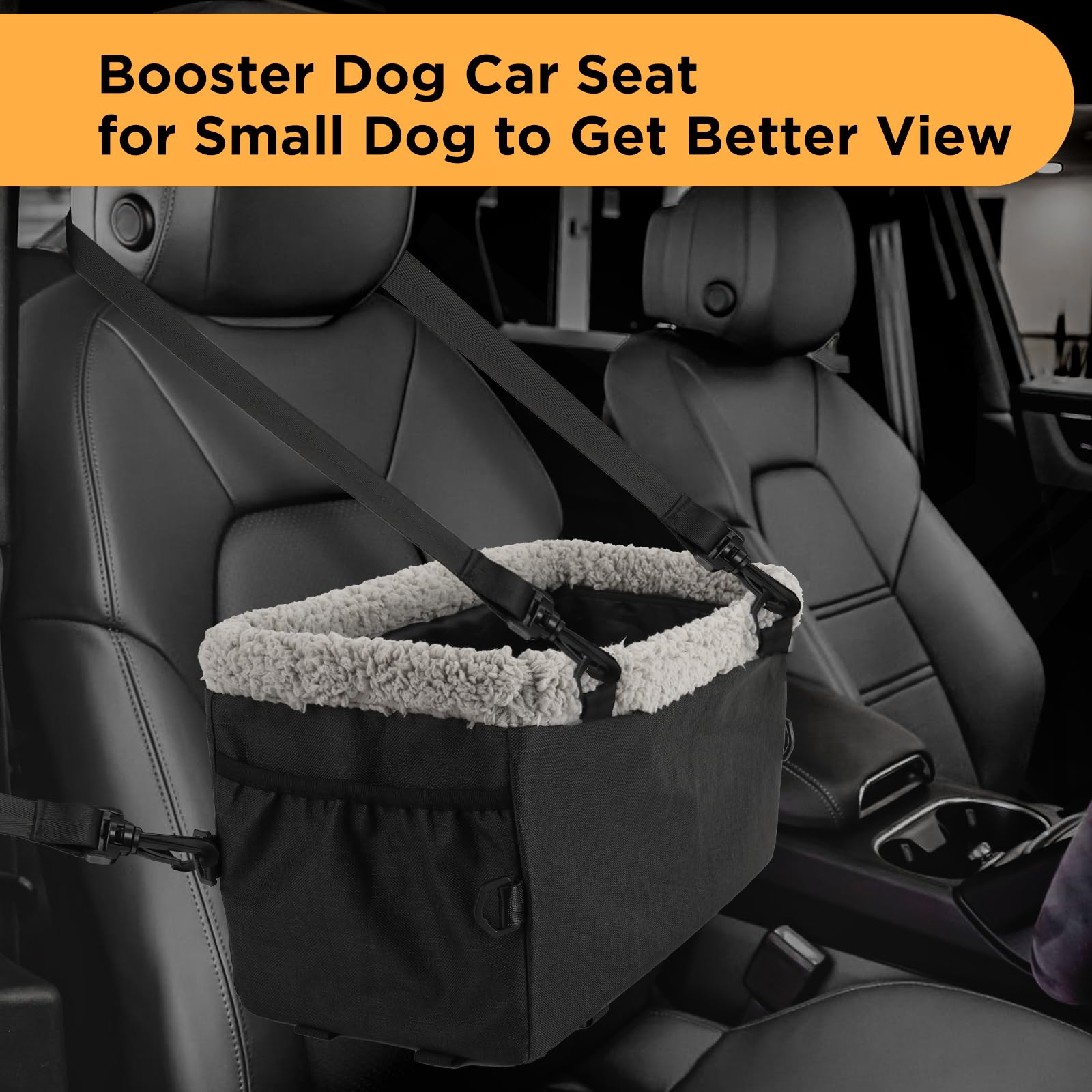 Small Dog Car Booster Seat for Pets Up to 12 lbs - Center Console Pet Carrier with Safety Belt & Puppy Hook - Soft, Warm, Washable & Comfortable - Perfect for Road Trips, Vet Visits & Daily Commutes