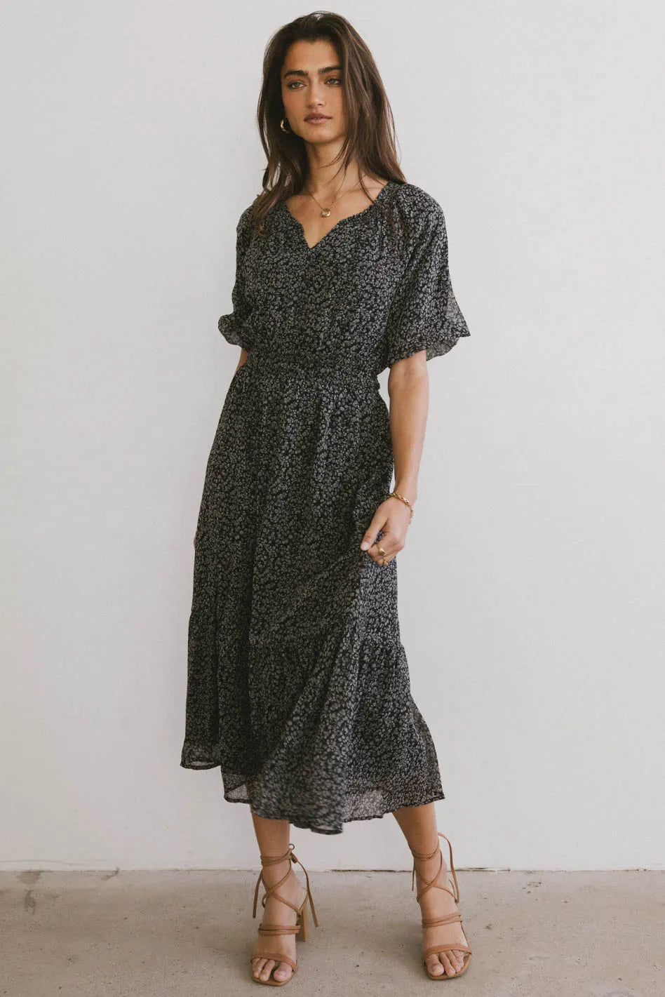 Allorah Ditsy Floral Midi Dress - Women's Vintage Floral Print Summer Dress with Short Sleeves & Belt | Perfect for Beach Vacations, Garden Parties & Date Nights