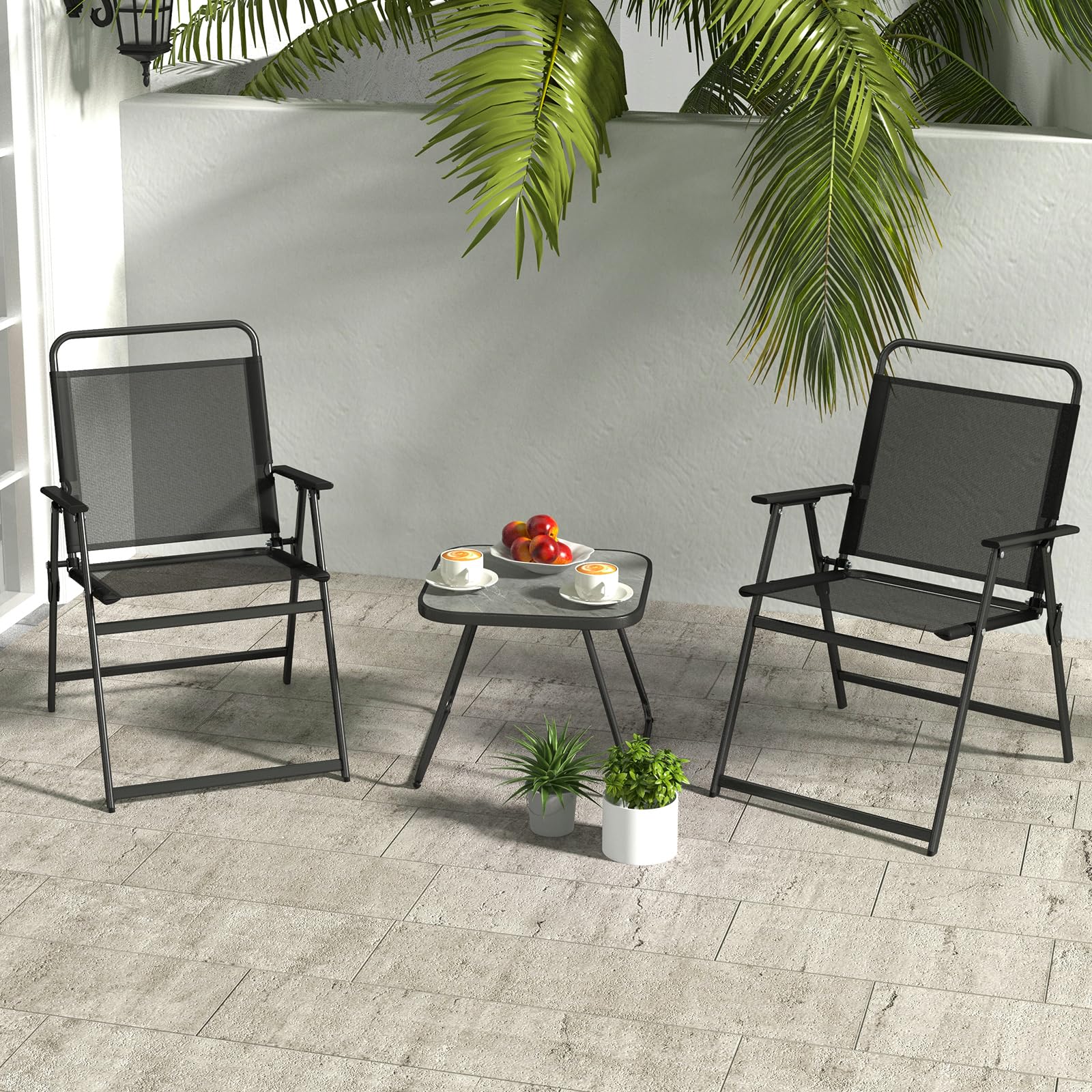 Tangkula 3-Piece Patio Fistro Set - 2 Folding Chairs with Coffee Table, Durable Steel Frame & Breathable Fabric, Compact Outdoor Furniture for Backyard, Poolside, Balcony, Garden or Patio (Black) - Perfect for Relaxing, Entertaining Guests or Enjoying Morning Coffee Outdoors