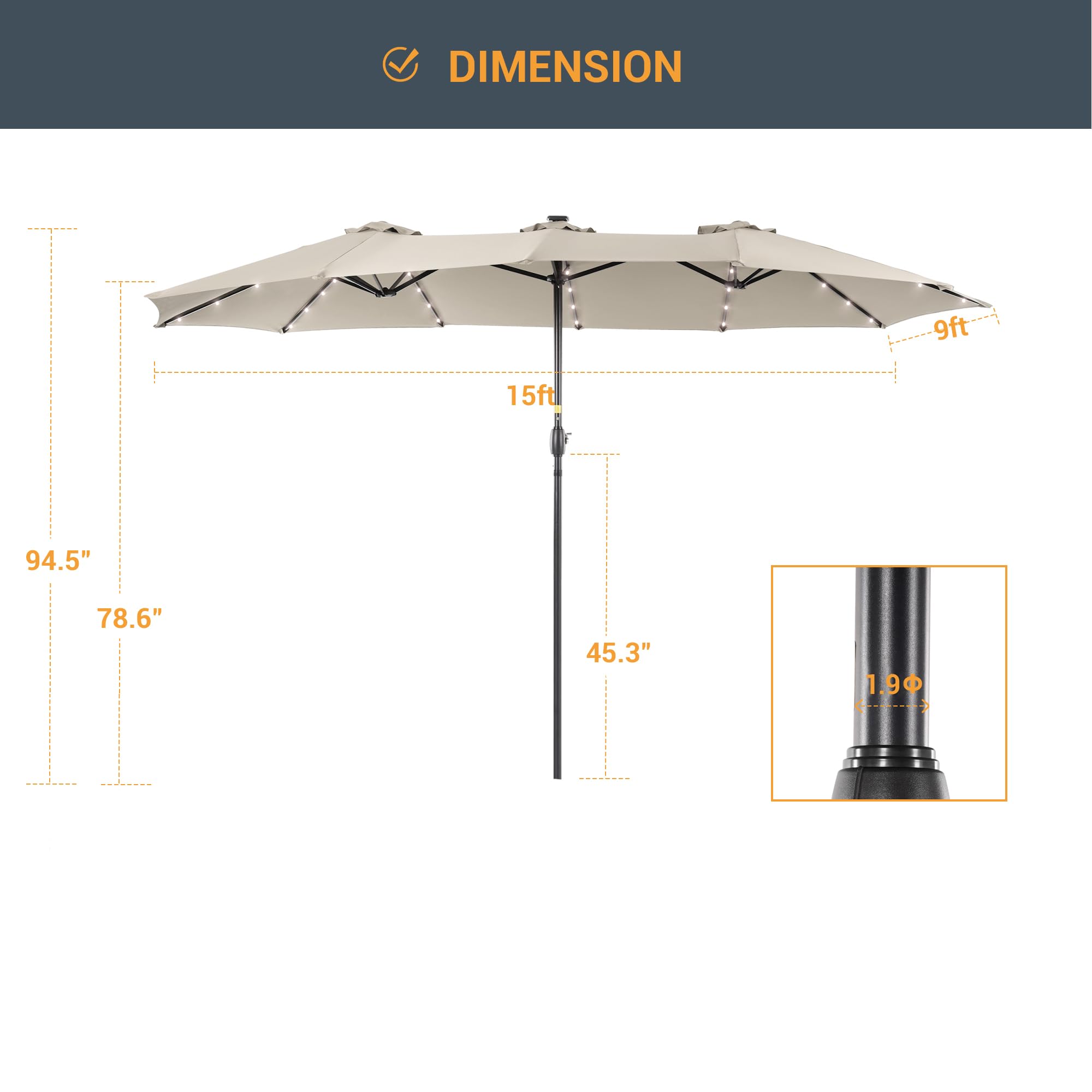 15ft Large Outdoor Patio Umbrella with Solar Lights - Double-Sided Rectangle Market Umbrella with 12 Sturdy Ribs & UV Protection - Perfect for Garden, Deck, Backyard, Poolside (Base Not Included) | Durable Shade Solution for Outdoor Dining, Lounging & Entertaining