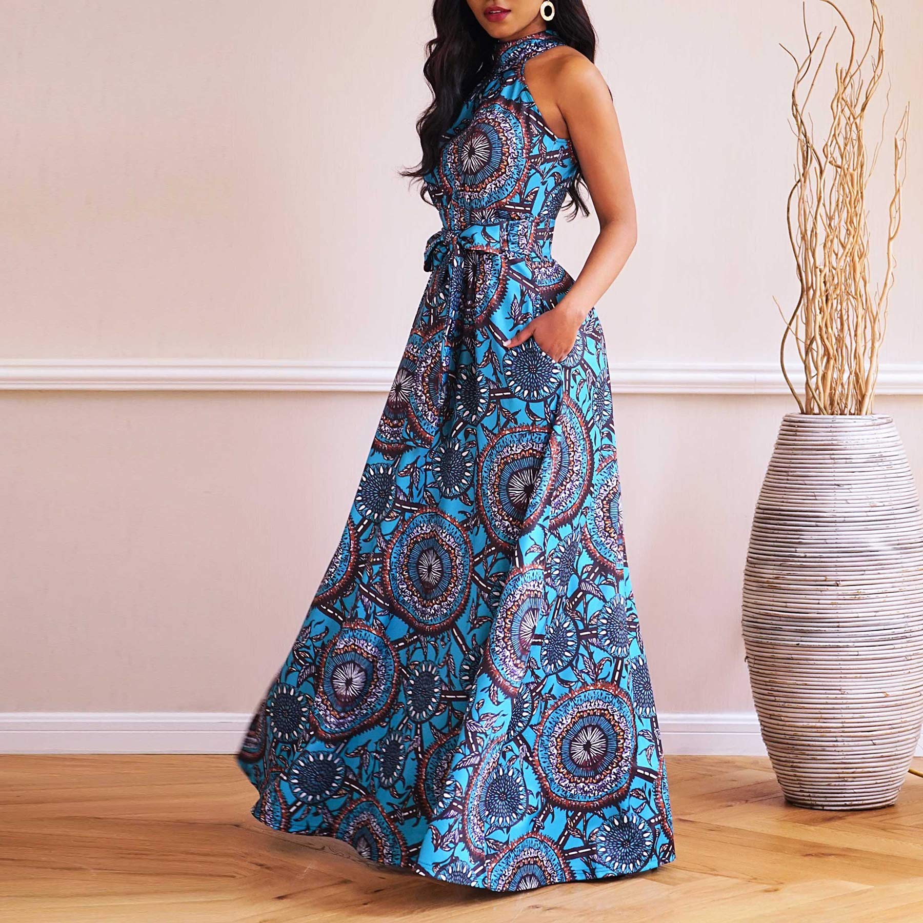 VERWIN Women's Elegant Floor Length Lace-Up High Waist Maxi Dress with Stand Collar - Sleeveless Floral Print Brown Dress for Wedding, Party & Special Occasions