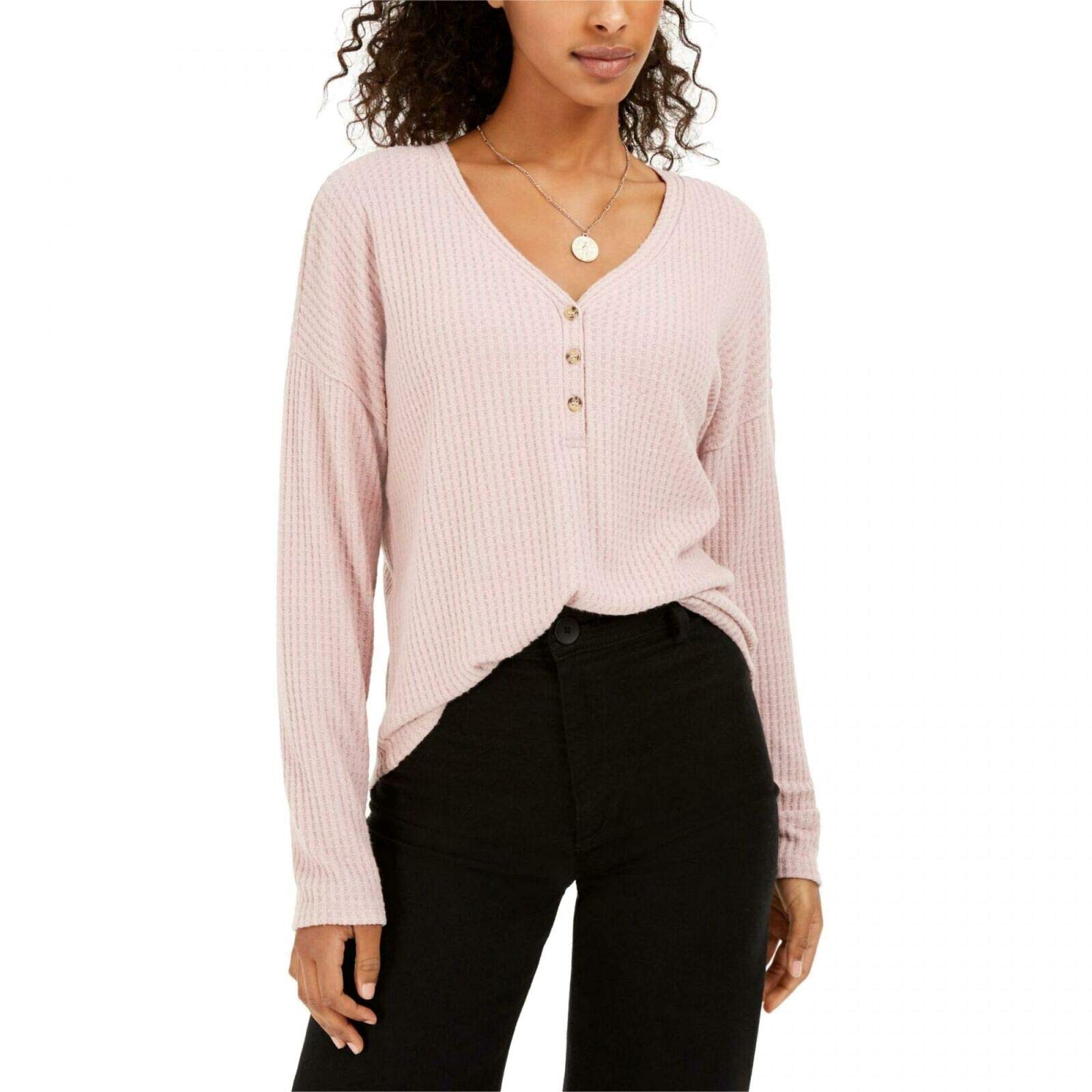 Women's Waffle Knit V-Neck Henley Shirt - Soft Casual Long Sleeve Top in Faded Mauve Pink (XS-XXL) | Perfect for Fall Layering, Coffee Dates & Weekend Outfits