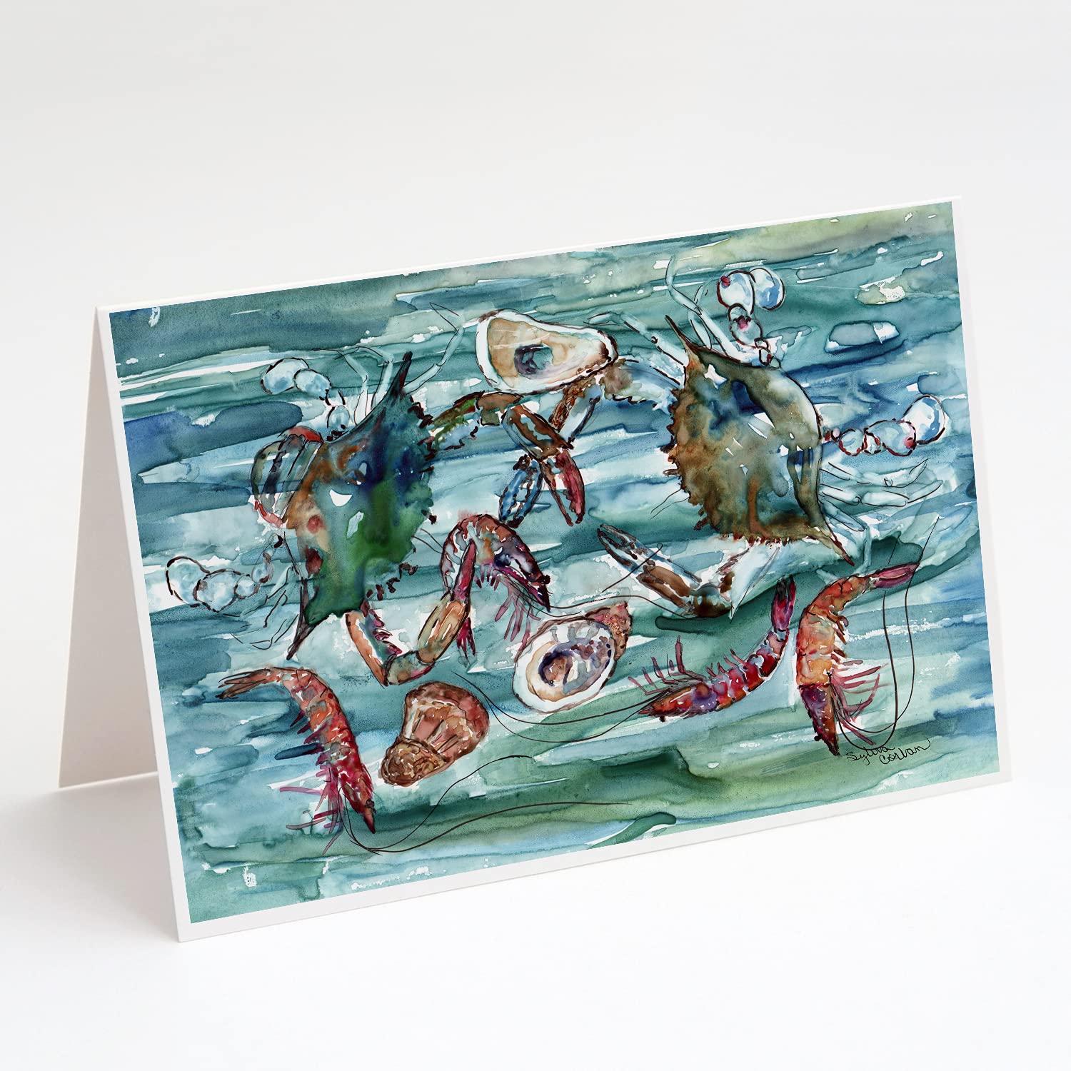 Whimsical A7 Size 5x7 Blank Note Cards with Envelopes - Pack of 8 Blank Greeting Cards Featuring Crabs, Shrimp and Oysters in Water Design | Perfect for Beach-Themed Invitations, Thank You Notes & Coastal Decor Correspondence