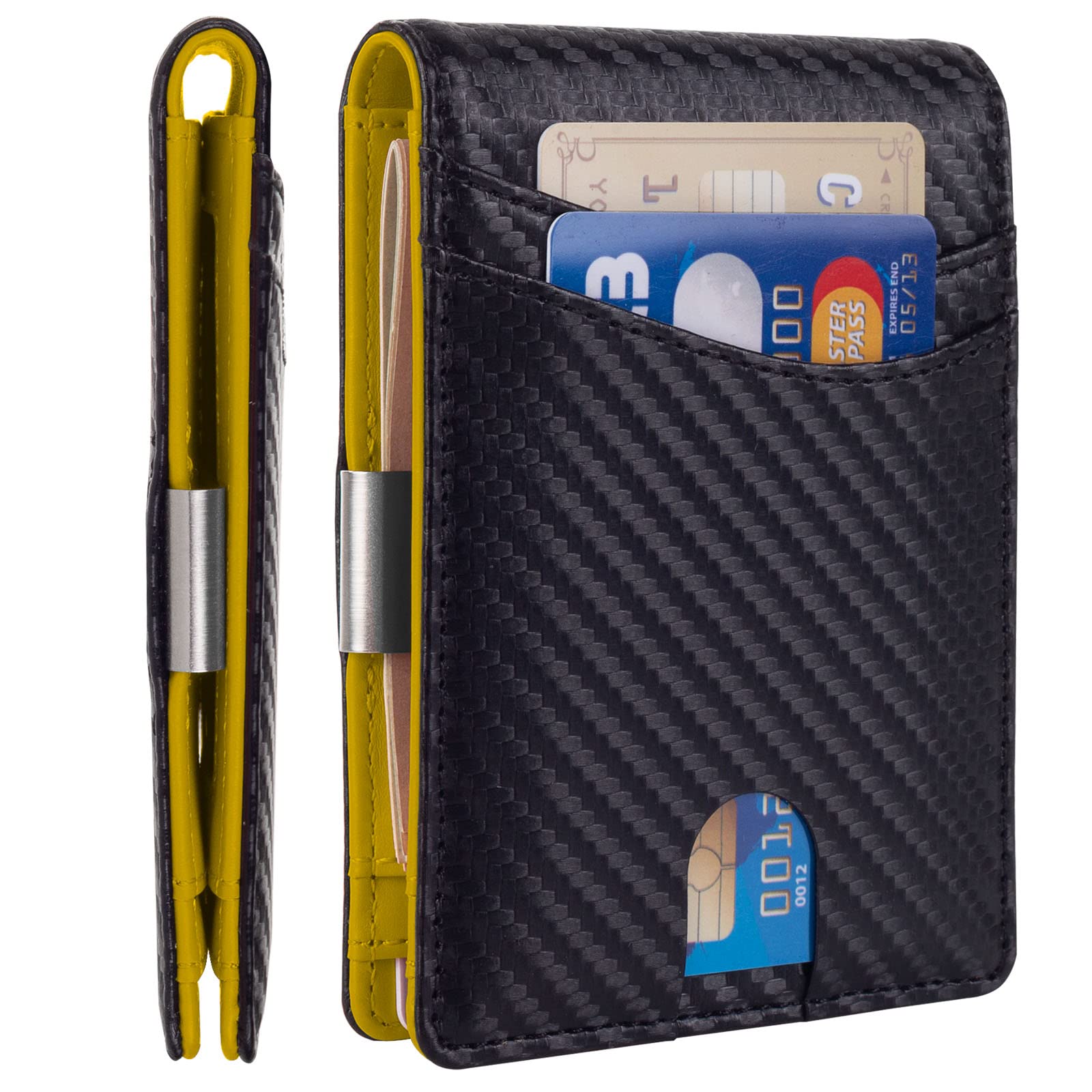 Minimalist Slim Leather Wallet for Men - RFID Blocking Bifold Wallet with Money Clip | Premium Genuine Leather Front Pocket Wallet (Black & Ferrari Yellow) | Perfect for Everyday Carry, Travel & Business