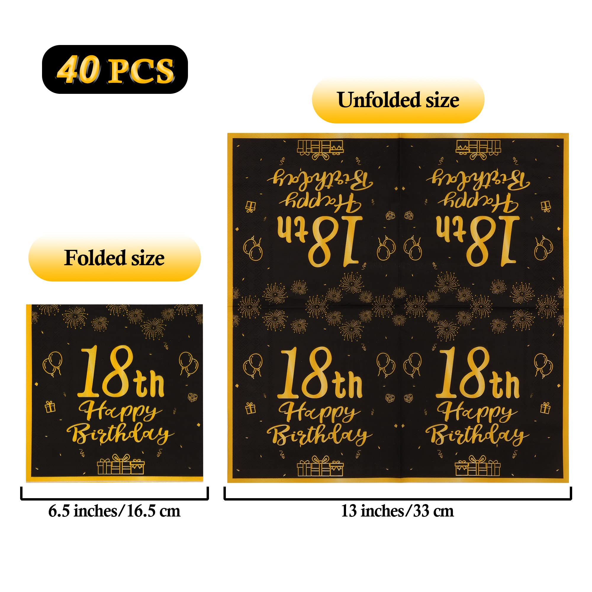 Topways Black Gold 18th Birthday Party Decorations - 40pcs Disposable Paper Napkins for 18th Birthday Party Table Decorations (Girl & Boy) - Perfect for Sweet 16, Graduation & Milestone Celebrations