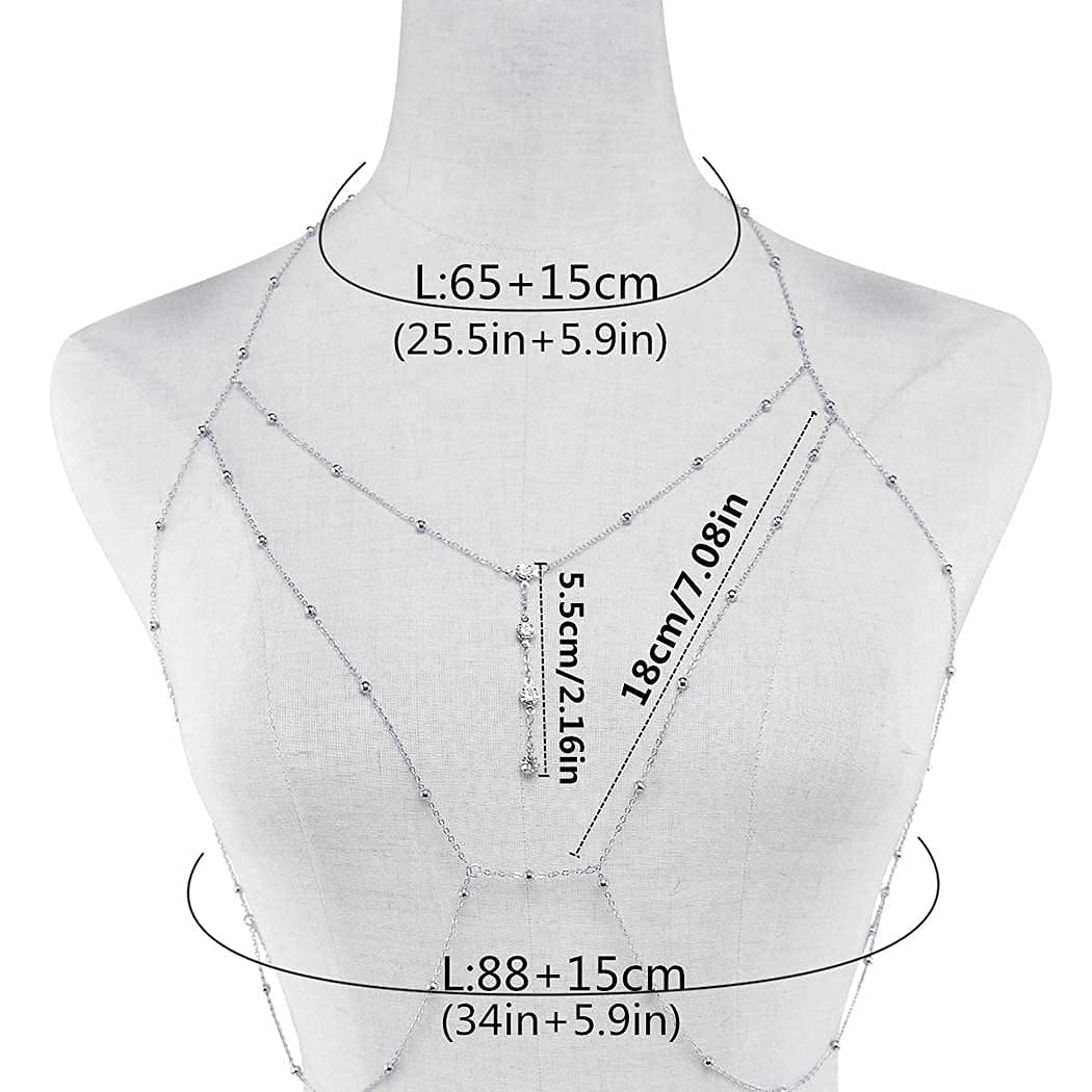 Dreamyn Boho Rhinestones Body Chain - Silver Crystal Bikini Chains for Women | Summer Beach Jewelry, Festival Accessories & Bachelorette Party Outfit Enhancer
