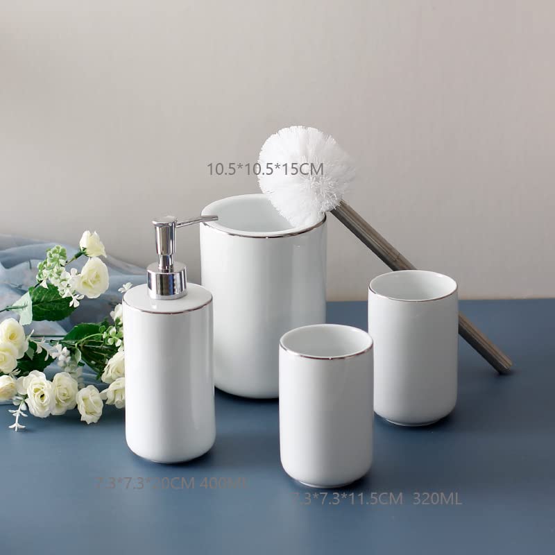 Modern White Ceramic Bathroom Set - 5-Piece Vanity Accessories (Toothbrush Holder, Cup, Lotion Bottle, Toilet Brush & Holder) for Stylish & Organized Bathroom Decor | Perfect for Home, Hotel, Spa & Guest Bathrooms