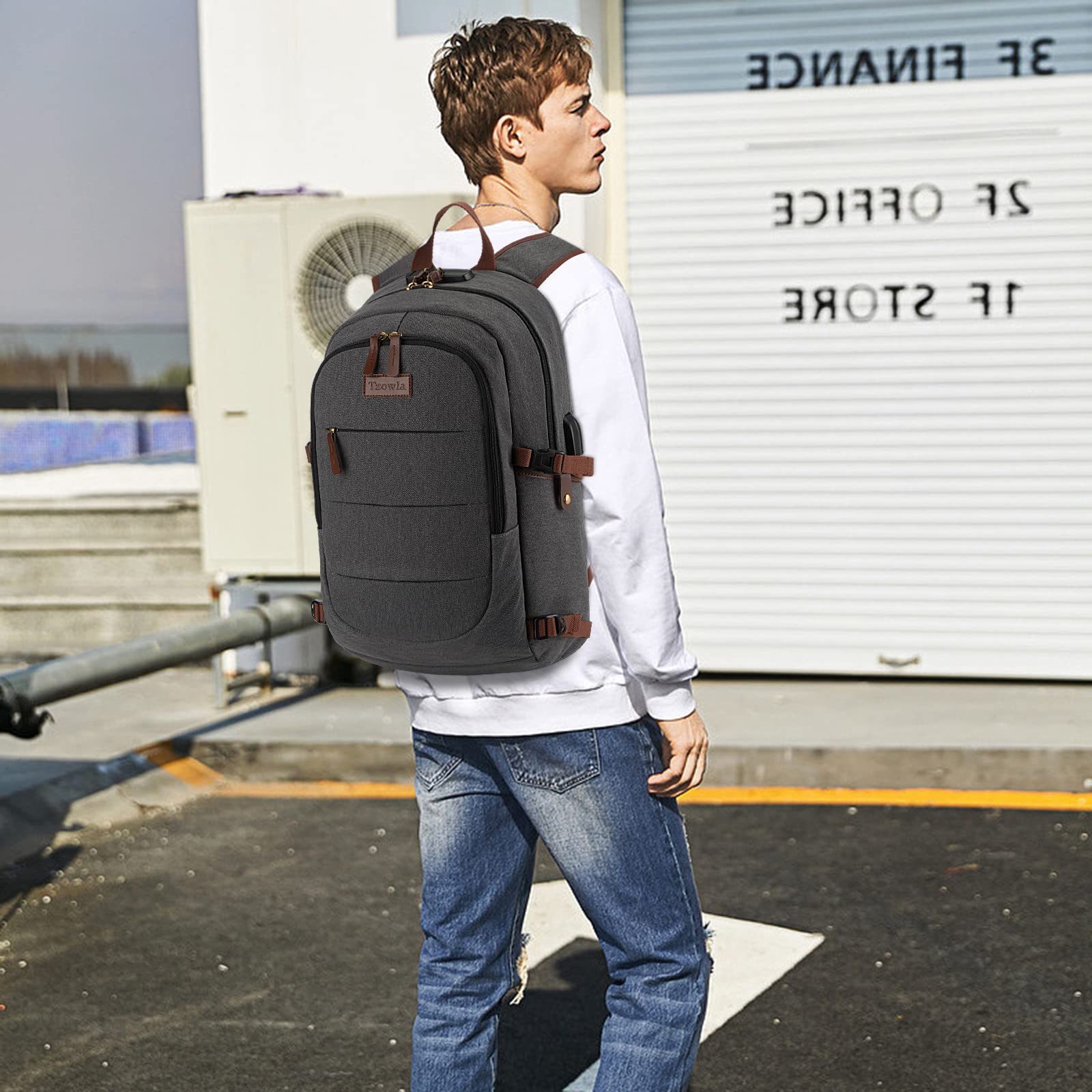 Tzowla Anti-Theft Laptop Backpack for Men & Women - 15.6 Inch USB Charging College Bookbag with Lock - Durable Canvas Rucksack for School, Work & Travel - Dark Grey | Perfect for Commuting, Business Trips & Campus Life