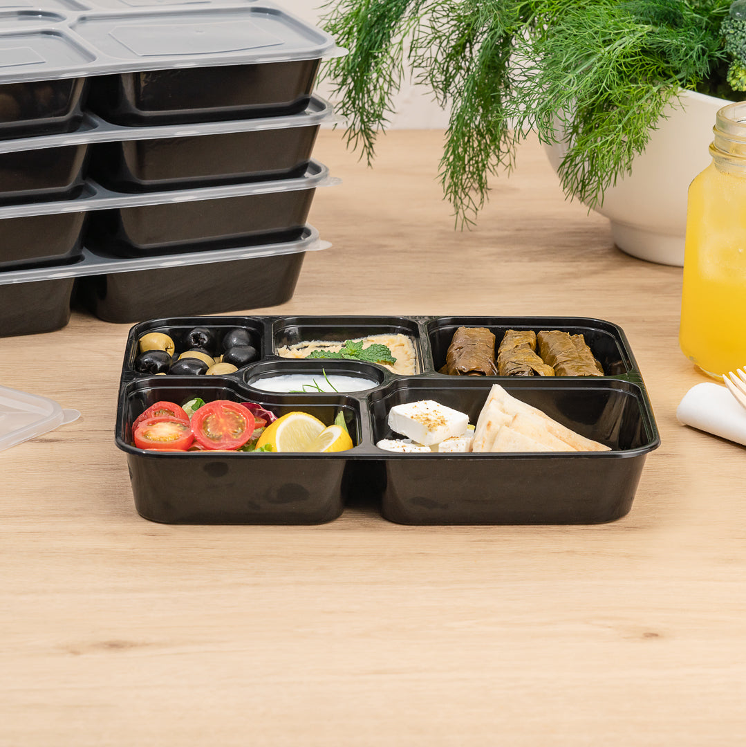 53 oz Black Plastic 6-Compartment Food Storage Container with Clear Lid - Microwave Safe (9.75