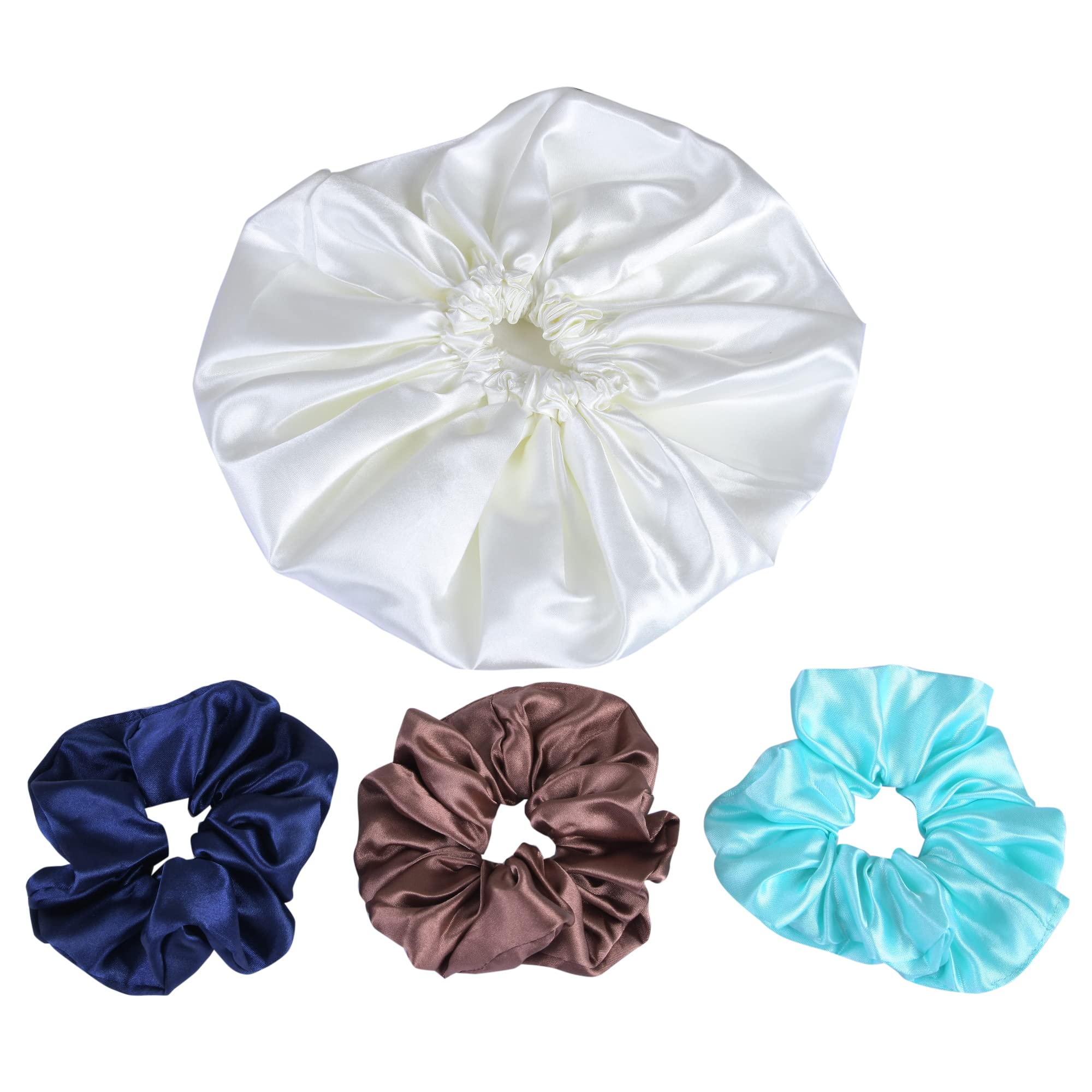 Matkooz Satin Silk Premium Sleeping Cap for Women - Double Layered Stretchable Hair Bonnet with Scrunchies Set - Adjustable for All Head Sizes - Perfect for Nighttime Hair Protection & Travel