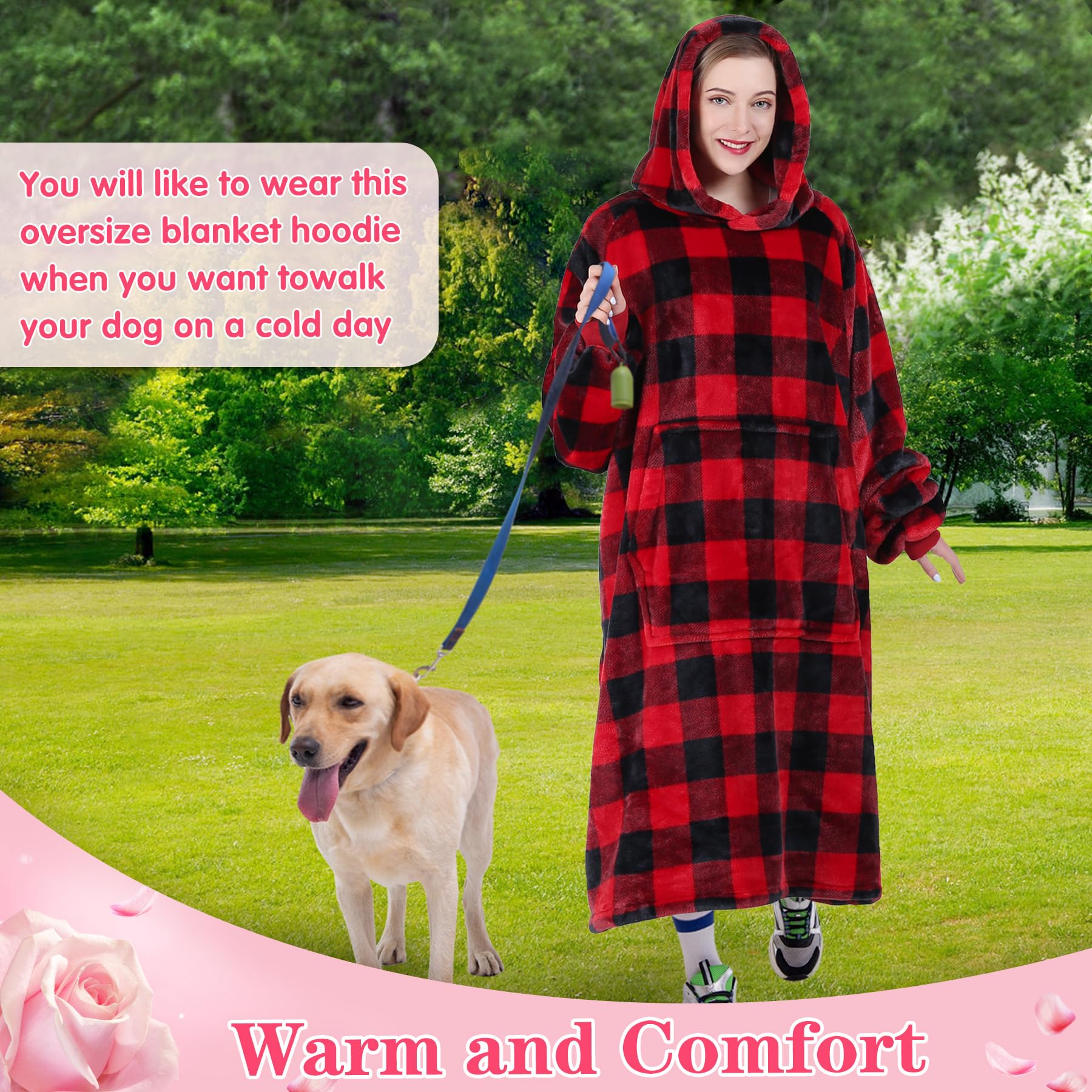 Waitu Wearable Blanket Hoodie Sweatshirt - Warm & Cozy Fleece-Lined Oversized Hooded Sweater for Women, Men, Adults & Kids - Red Black Plaid Flannel Lounge Wear - Perfect for Netflix Nights, Camping & Winter Relaxation
