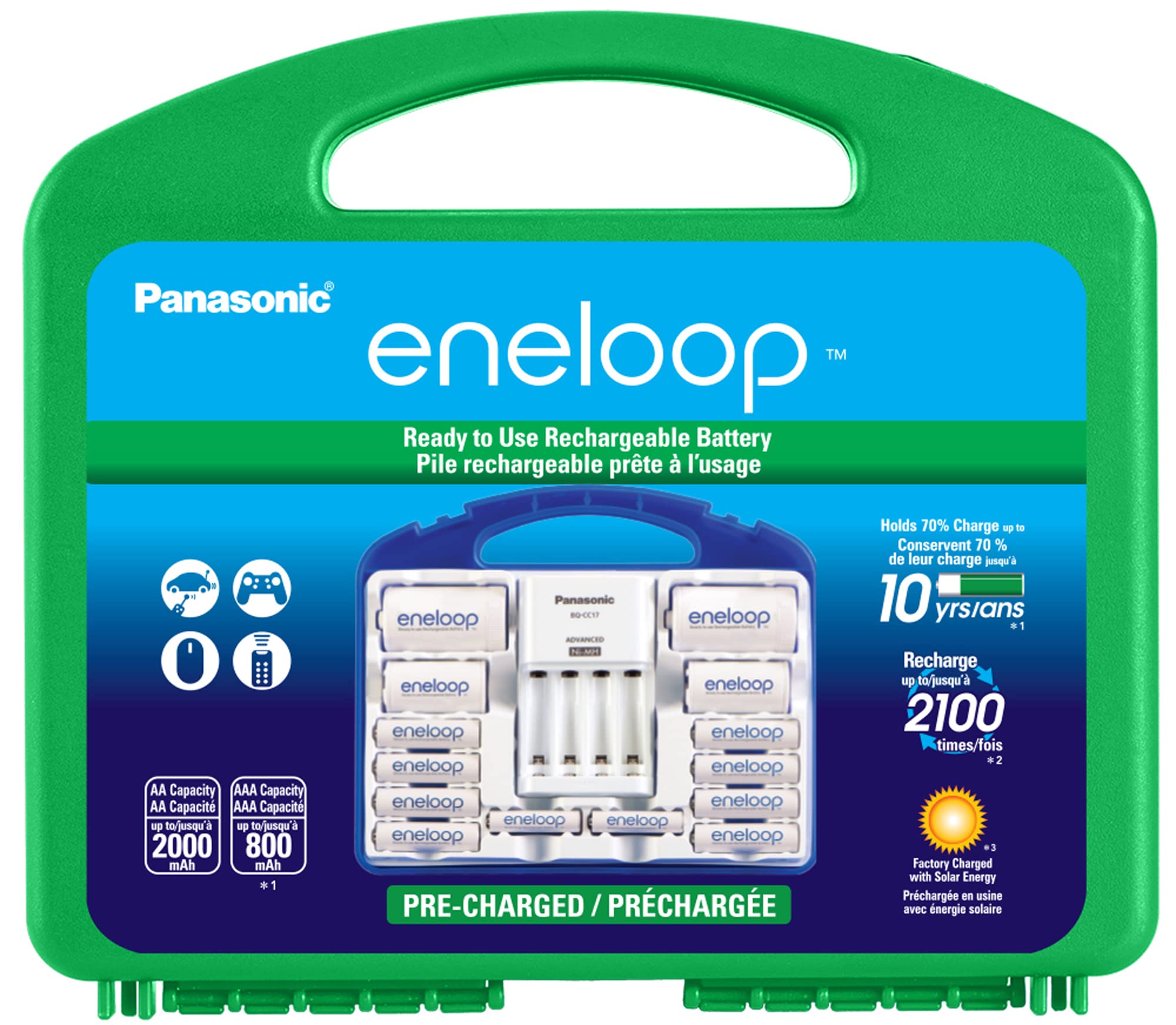Panasonic K-KJ17MCC82A 4-Position Battery Charger with 2 AAA & 8 AA eneloop Rechargeable Batteries & 2 C & 2 D Spacers - Perfect for Cameras, Toys, Flashlights & Home Electronics