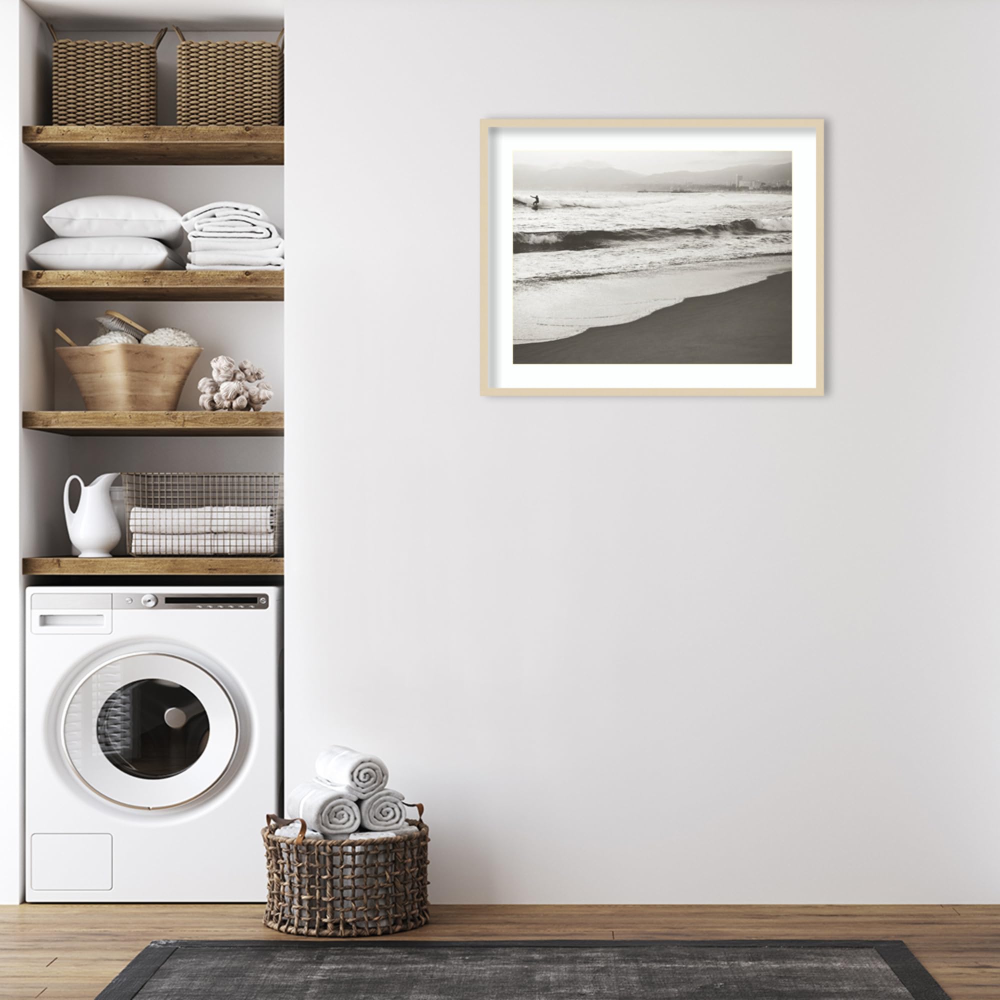 Amanti Art Framed Wall Art Print - 33x41 Black & White Surfer No.1 by Myan Soffia | Beach Themed Decor | Large Poster Painting for Living Room, Bedroom, Office | Coastal Home & Surf Lover Gift Idea