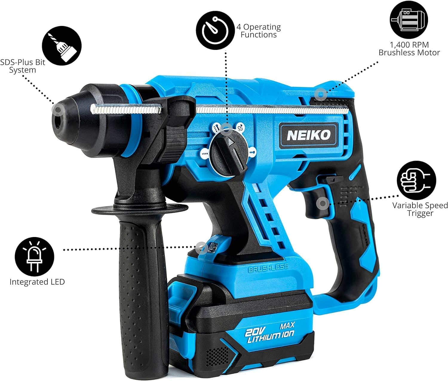 NEIKO 10882A 20V Cordless Rotary Hammer Drill with SDS Plus - Heavy Duty Brushless Demolition Hammer, Includes Li-ion Battery & Fast Charger - Perfect for Concrete Drilling, Masonry Work & Home Renovation Projects