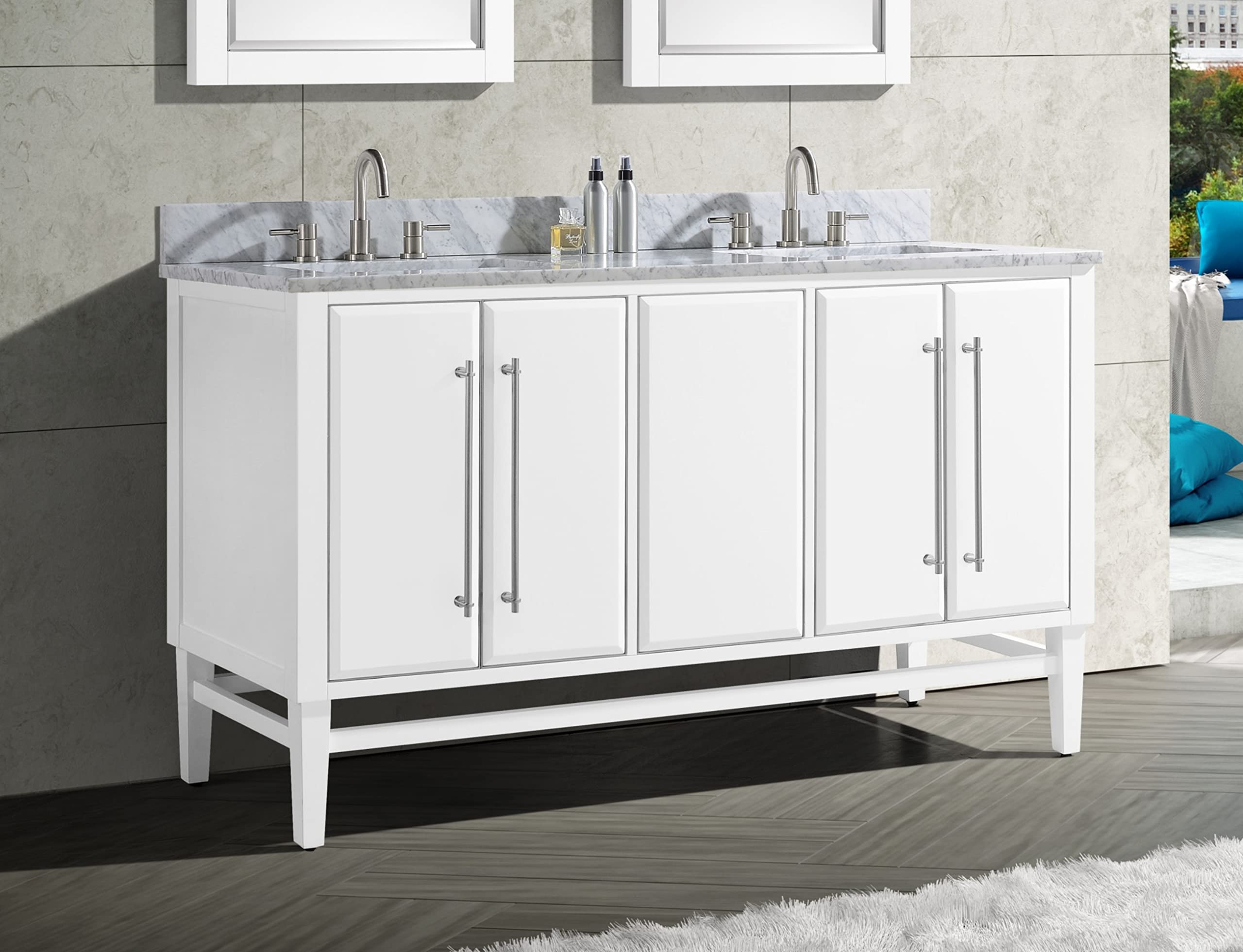 61-Inch White Bathroom Vanity Set with Silver Trim & Carrara White Marble Top - Modern Double Sink Vanity for Master Bathroom Remodel