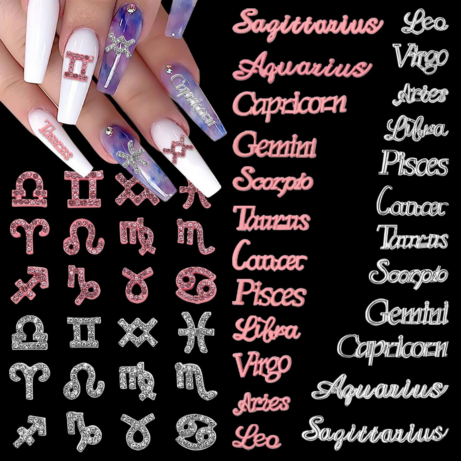 48-Piece Pink & Silver Alloy Zodiac Nail Charms Set - 12 Constellation Nail Studs with Astrological Signs for Women & Girls | Perfect for Nail Art, DIY Manicures, and Zodiac-Themed Party Decorations