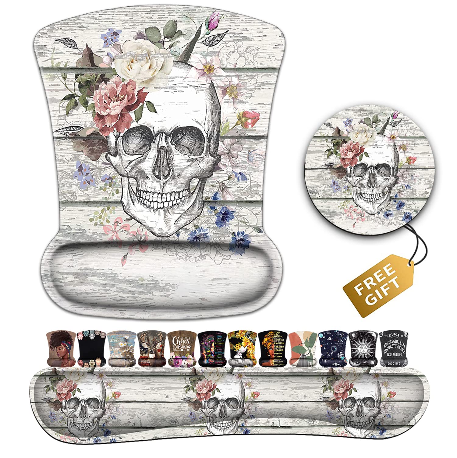 Ergonomic Gel Mouse Pad with Wrist Support & Memory Foam Keyboard Wrist Rest - Skull Skeleton Flowers Vintage Wood Pattern - Perfect for Office Typing, Gaming & Desktop Decoration - Ideal for Computer Workstations, Home Offices & Gaming Setups