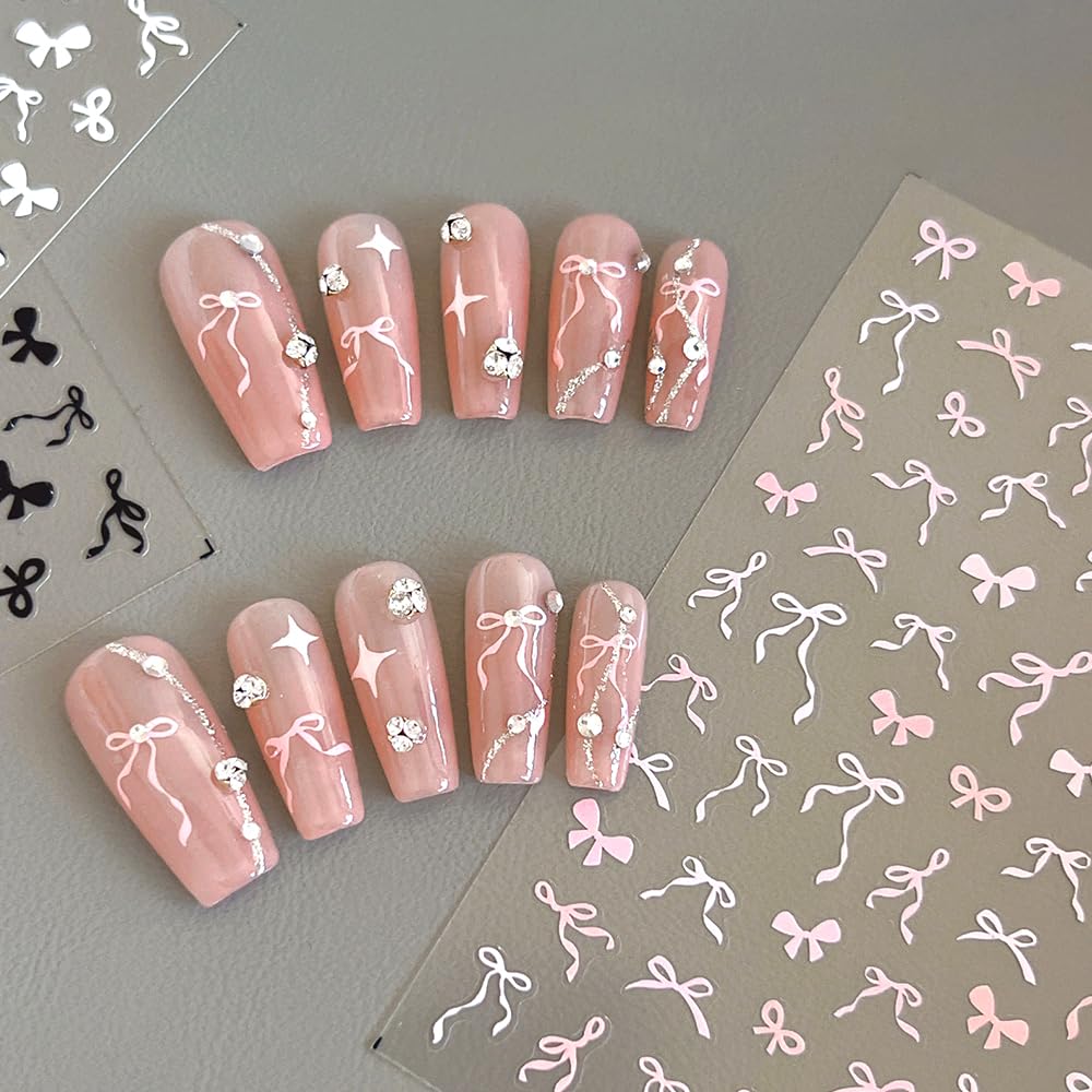Sweet Pink White Black Bow Nail Stickers - Kawaii Waving Ribbon Bowknot Nail Art Decor - Cute Nail Design Stickers & Decals for Women - Perfect for DIY Nail Art, Parties, and Gifts - Nail Art Supplies & Accessories