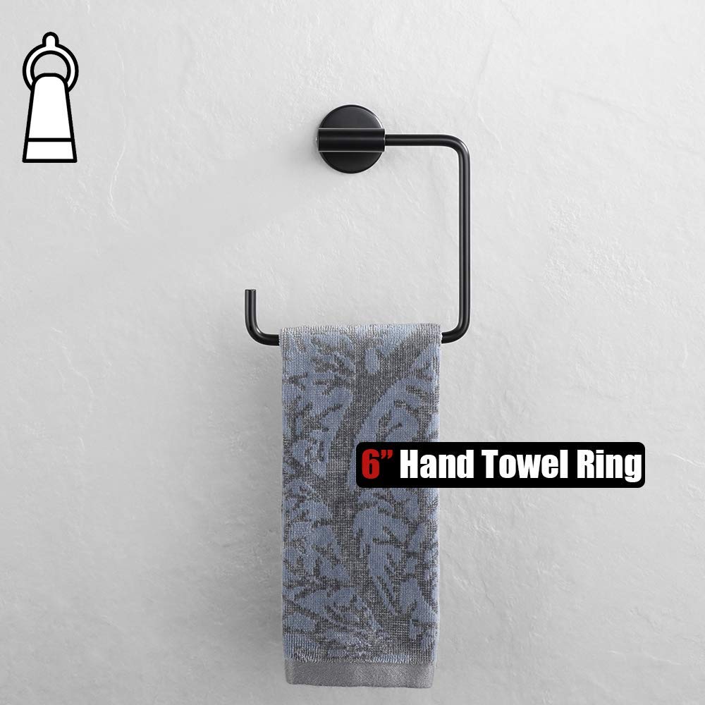Stainless Steel Square Black Towel Ring Holder - 6 Inch Matte Black Wall Mount Bathroom Accessory (TR140-PB) - Perfect for Modern Bathrooms, Powder Rooms & Spa Decor