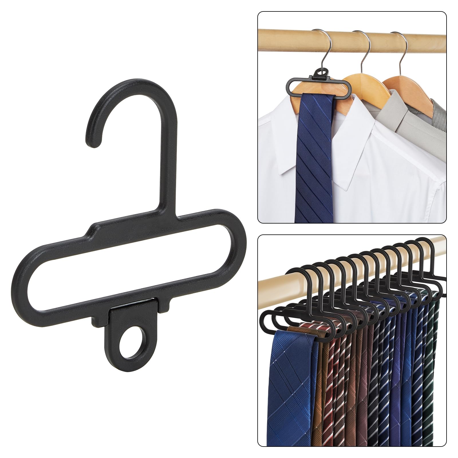 HOUSE DAY 12-Pack Tie and Scarf Hangers - Durable Plastic Closet Organizer for Neckties, Scarves & Accessories - Space-Saving Storage Hooks for Wardrobe, Closet & Office Organization (Black)