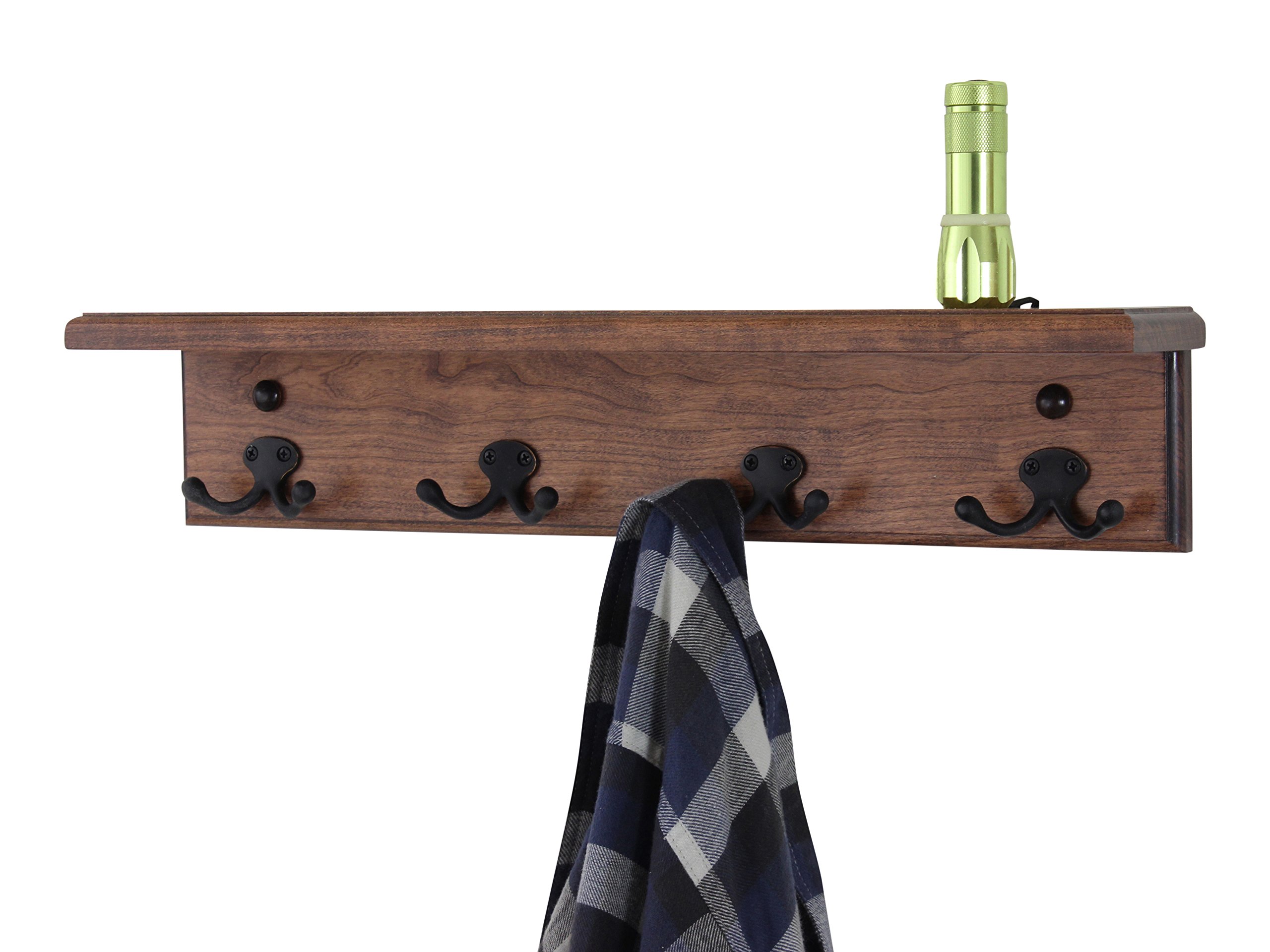 Handcrafted Cherry Wood Peg Rack with Shelf - Natural Finish, 18 Inch Wall Organizer with 3 Hooks - Perfect for Entryway, Bathroom & Kitchen Storage | Made in USA
