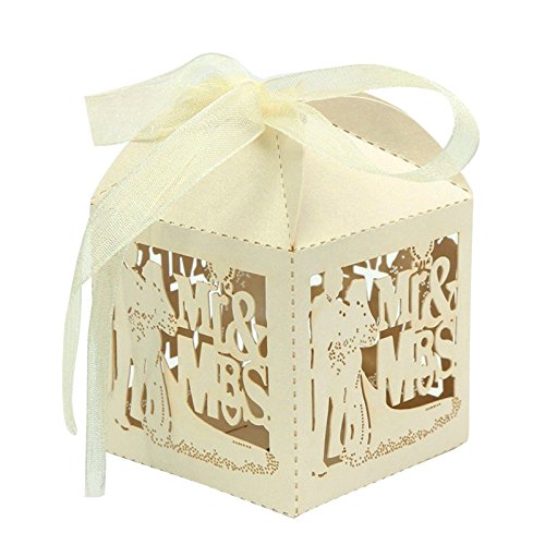 50pcs DIY Bride and Groom Wedding Candy Favor Boxes with Ribbon - Laser Cut Pearl Paper Gift Boxes for Wedding Party Decorations - Perfect for Bridal Showers, Receptions, and Anniversary Celebrations (Beige)