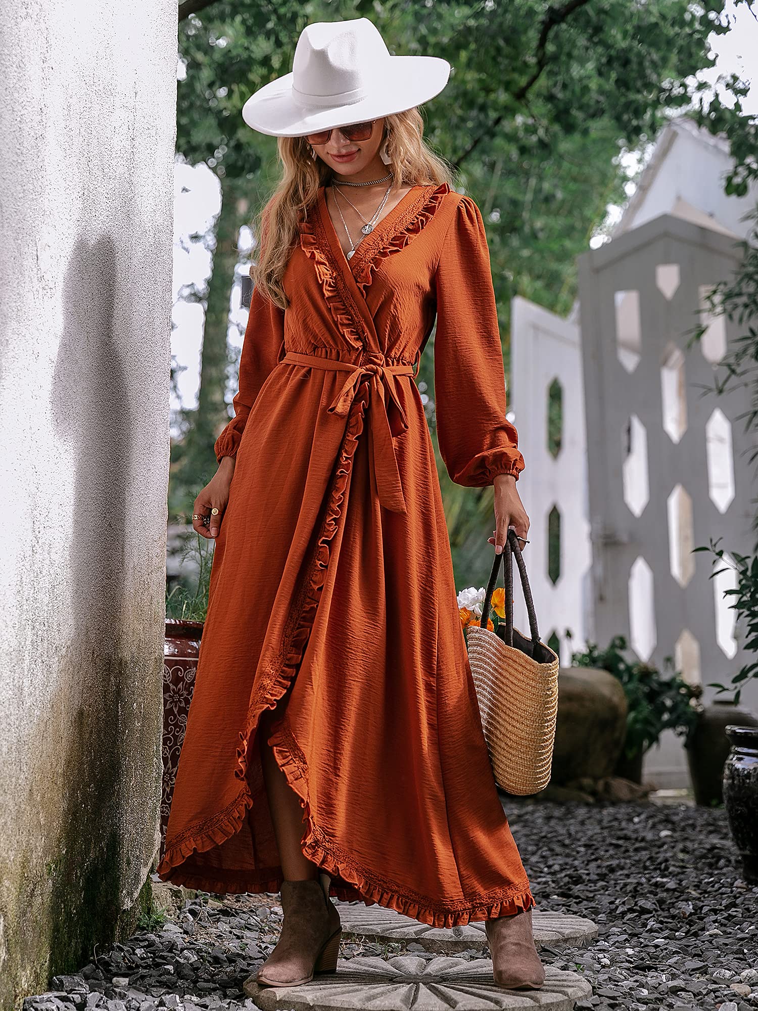 BerryGo Women's Long Sleeve Wrap Maxi Dress with Ruffle Detail & Belt - Boho Bridesmaid, Maternity, Wedding Guest Dress for Fall | Perfect for Autumn Weddings, Baby Showers & Special Occasions