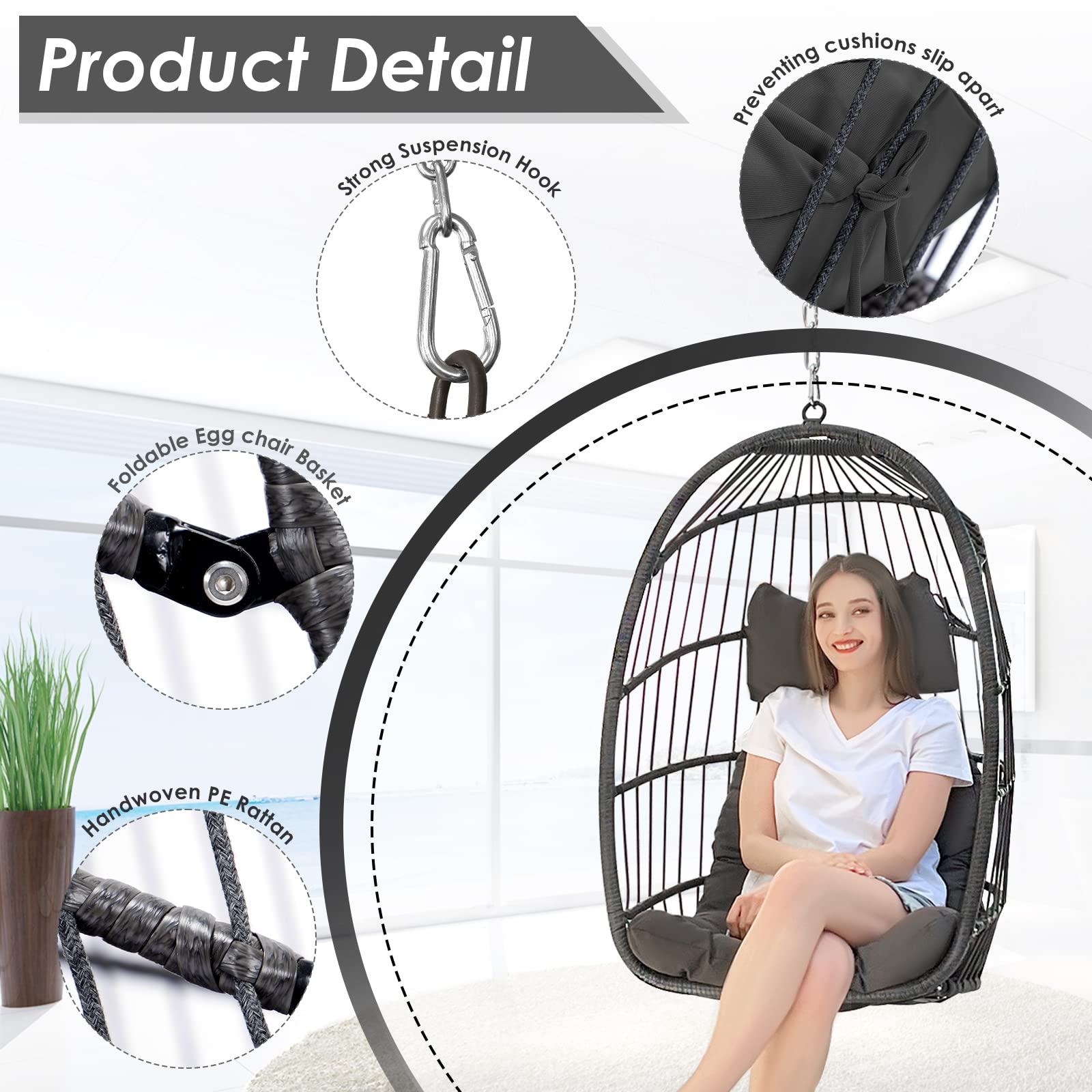 FINCATI Hanging Egg Chair Without Stand - 265 lbs Capacity Swing Hammock with UV Resistant Cushions - Dark Gray Egg Basket Chair for Bedroom, Living Room, Patio, Backyard & Balcony - Perfect for Relaxing, Reading & Outdoor Lounging