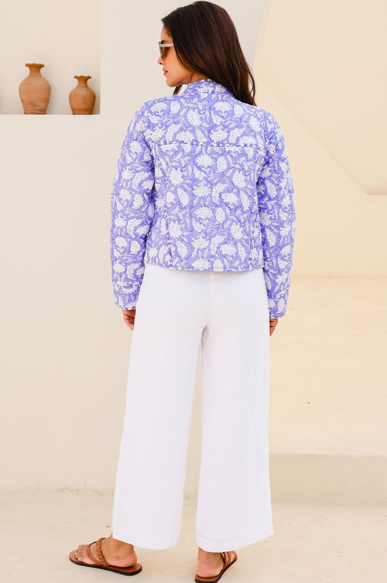 Polly Organic Cotton Block Print Quilted Jacket - Iris Blue & White | Eco-Friendly Women's Outerwear for Spring & Fall Fashion