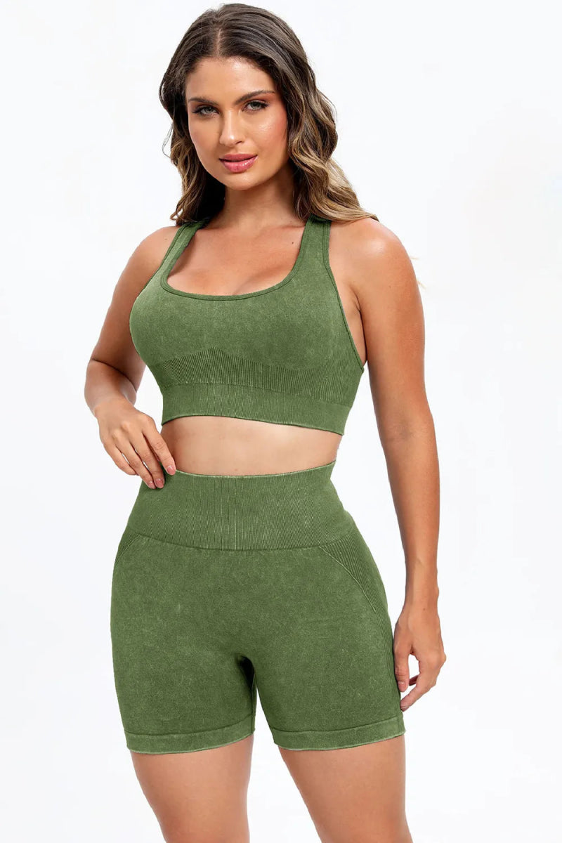 3 Piece Washed Square Neck Wide Strap Active Set for Women - Gym, Yoga & Lounge Wear - Comfortable Workout Outfit for Running & Pilates