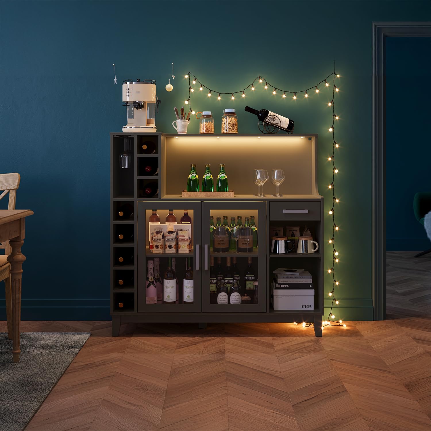 Modern Wine Bar Cabinet with LED Lights - LINSY HOME Liquor Storage with Wine & Glass Rack, Coffee Bar Cabinet with Drawers - Buffet Sideboard for Living Room & Dining Room (Black) | Perfect for Home Entertaining, Wine Storage & Stylish Kitchen Organization