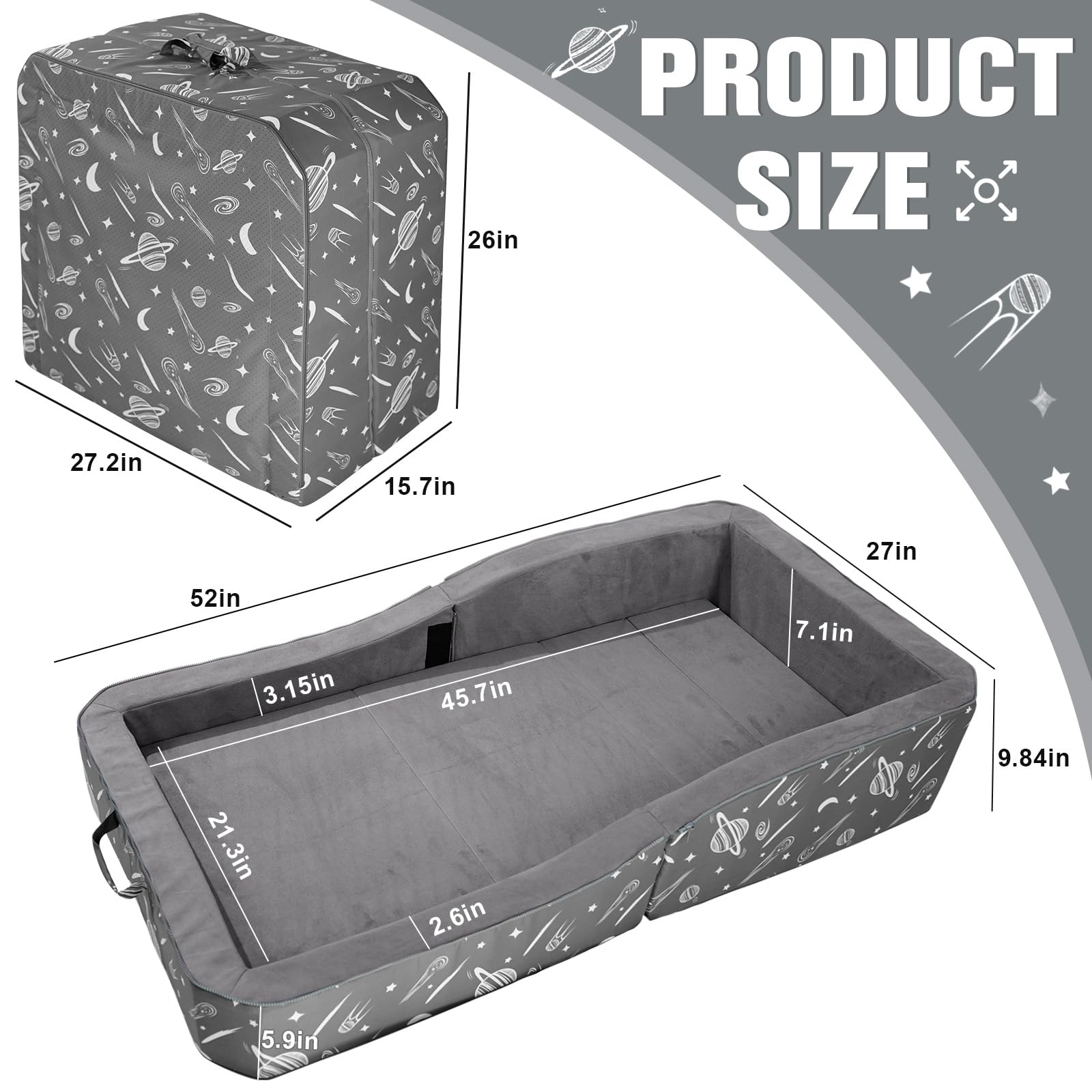 JOYWOO Toddler Floor Bed - Foldable Portable Travel Bed for Kids 3-6 Years | Washable Cloth Cover | Perfect for Home, Playtime, Naps & Hotels | Charcoal Grey Kids Sleeping Cot for Daycare & Sleepovers