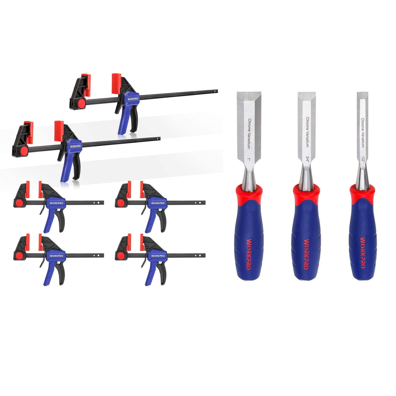 WORKPRO 6-Piece Bar Clamps and 3-Piece Wood Chisel Set - Heavy Duty Woodworking Tools for Carpentry, DIY Projects & Furniture Making