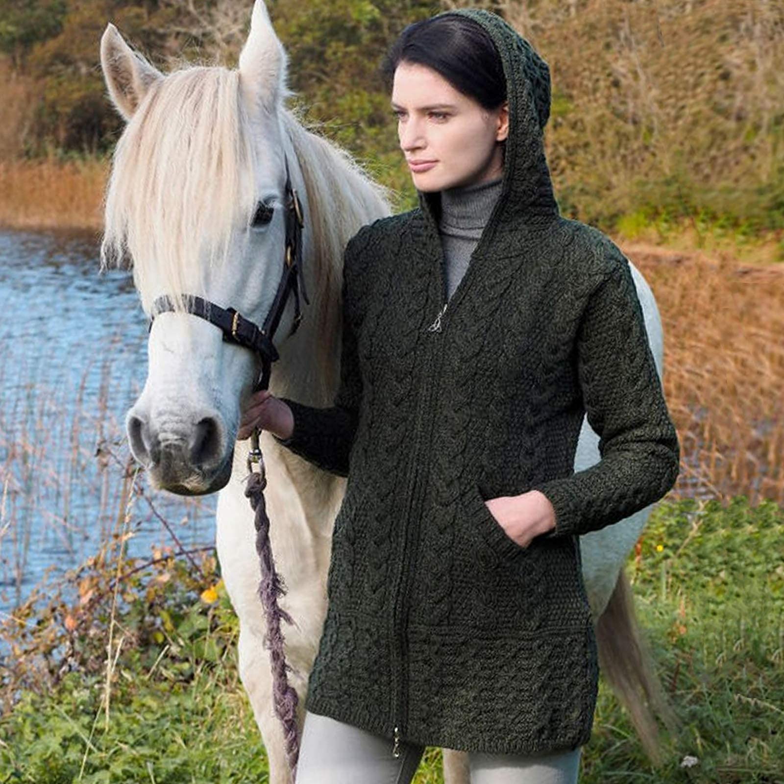 100% Irish Merino Wool Women's Long Hooded Coat with Pockets - Warm Winter Outerwear for Hiking, Travel & Everyday Fashion