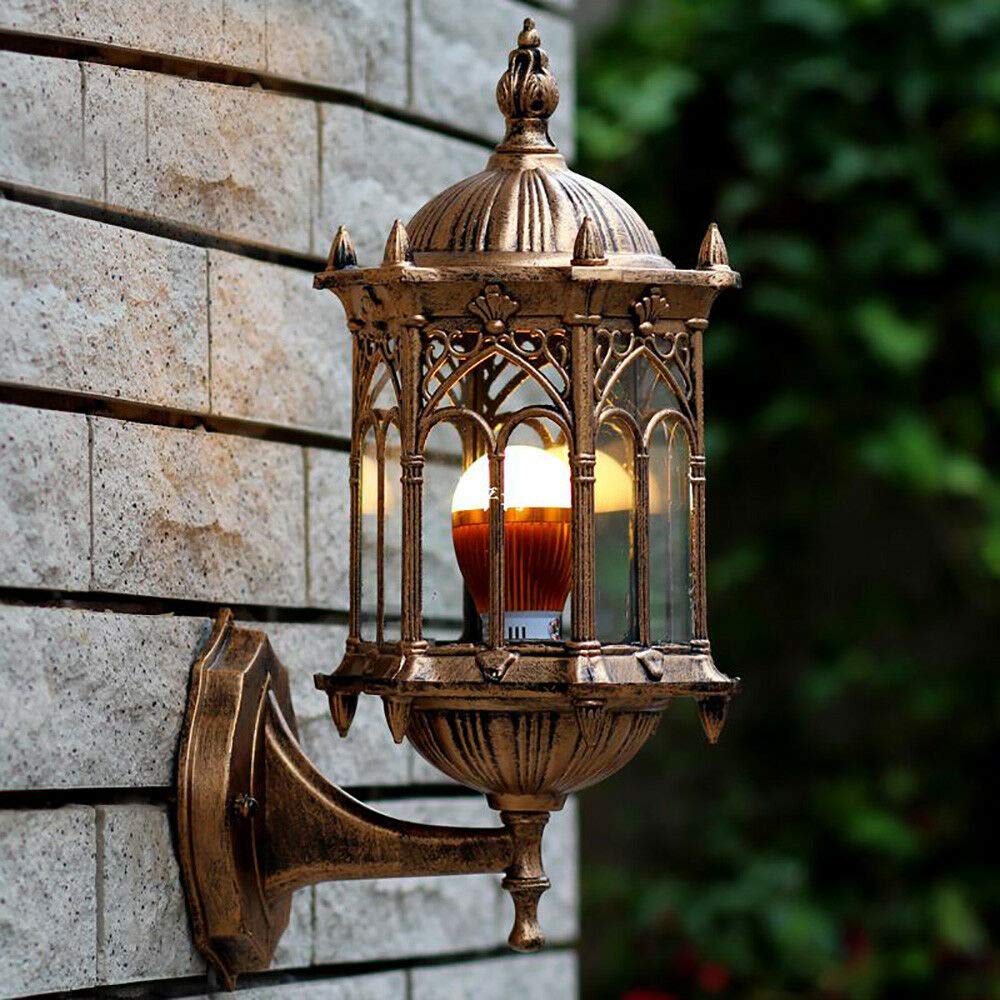 Vintage Antique Brass Outdoor Wall Sconce - LED Porch Light Fixture with E27 Base, Aluminum & Glass Lantern for Garden, Garage, Patio - Weatherproof Exterior Lighting for Home Entryway and Backyard Decor