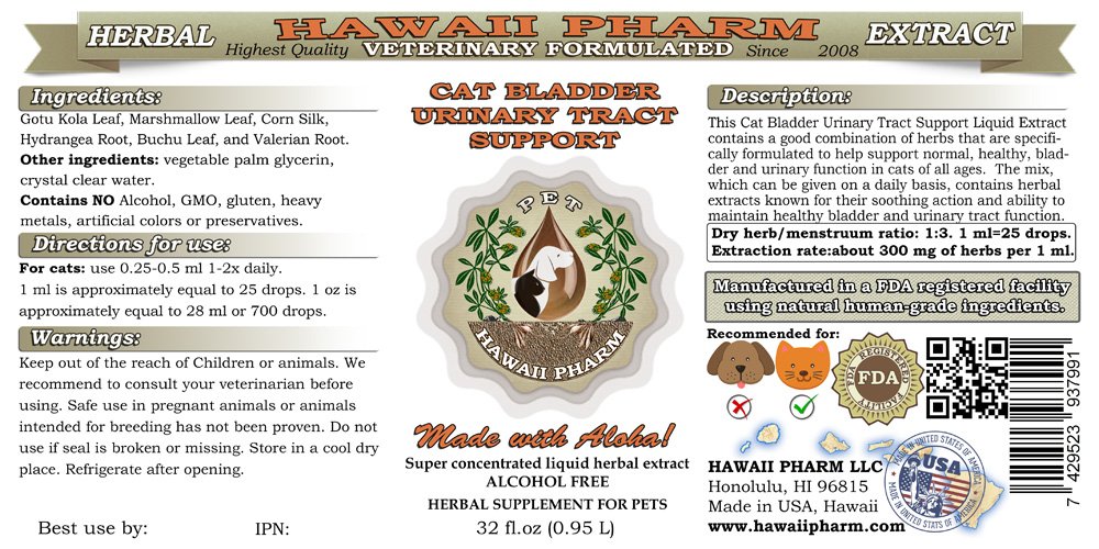 Natural Cat Bladder & Urinary Tract Support Supplement - Alcohol-Free Herbal Liquid Extract for Pets (32oz) | Supports Feline Urinary Health & Comfort - Ideal for Cats with UTIs, Crystals or Frequent Urination Issues